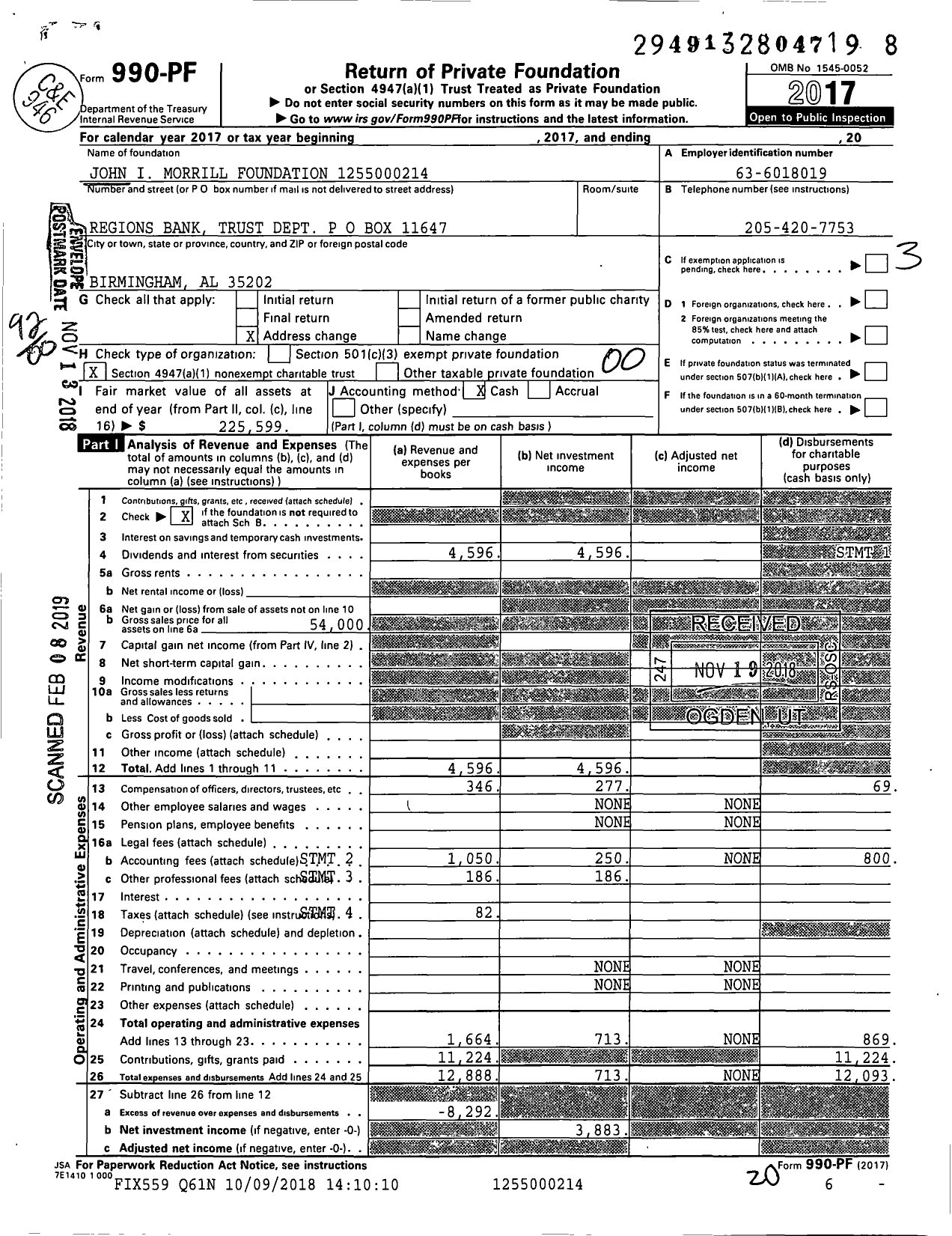 Image of first page of 2017 Form 990PF for John I Morrill Foundation