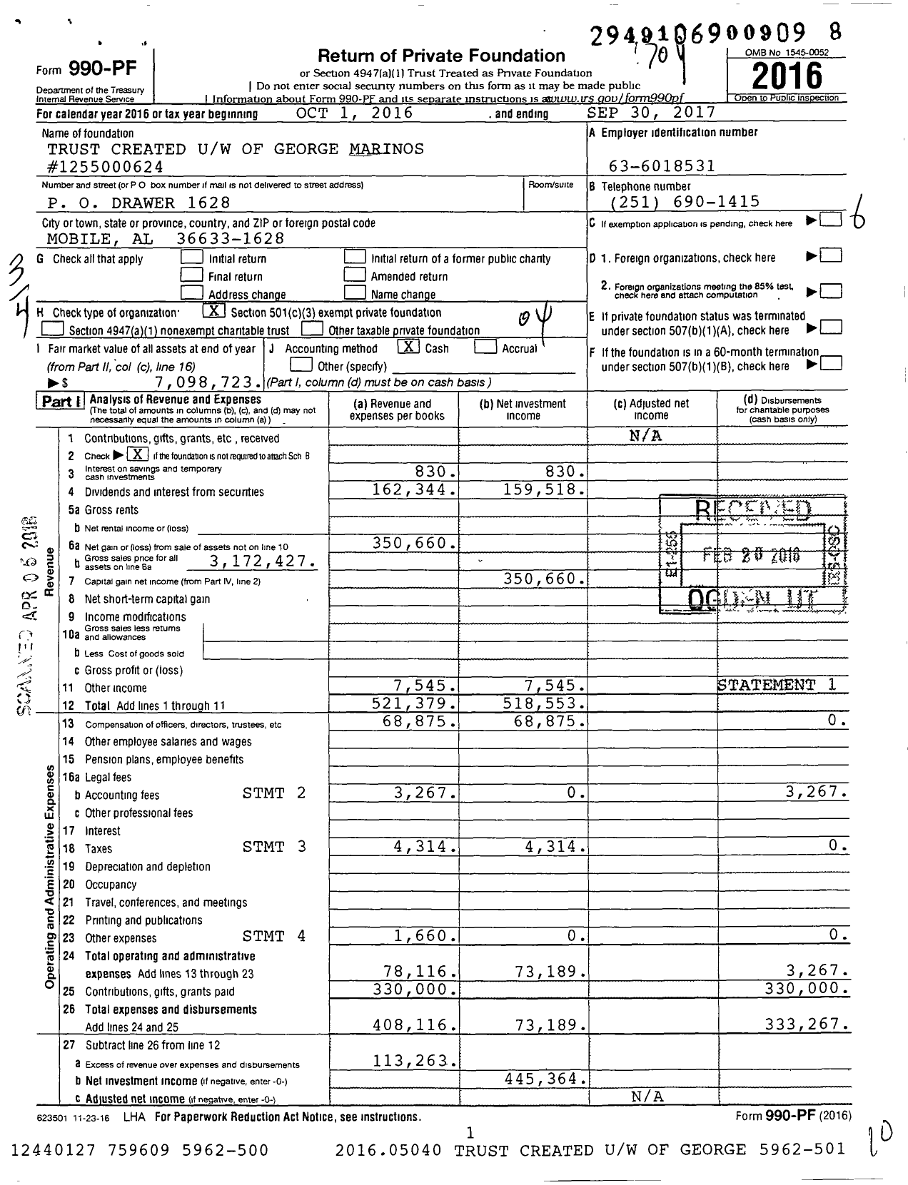 Image of first page of 2016 Form 990PF for Trust Created Uw of George Marinos #1255000624 Regions Bank