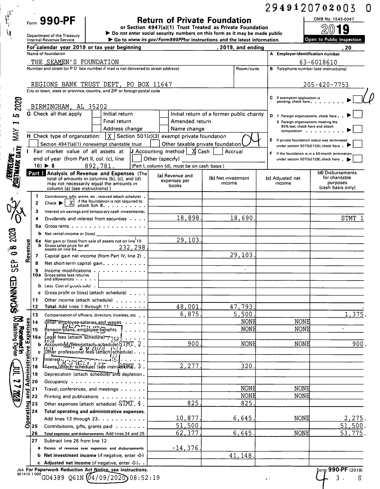 Image of first page of 2019 Form 990PR for The Seamen's Foundation