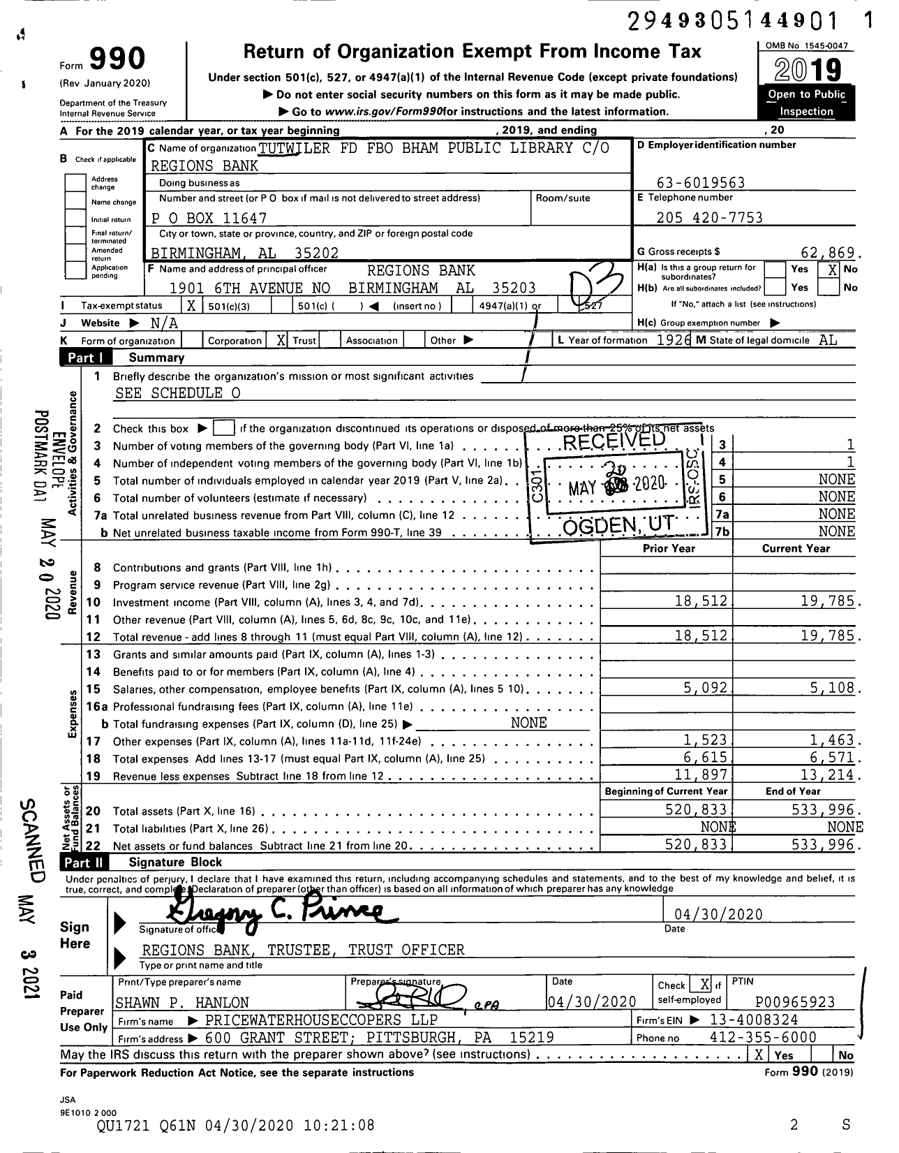 Image of first page of 2019 Form 990 for Tutwiler FD Fbo Bham Public Library