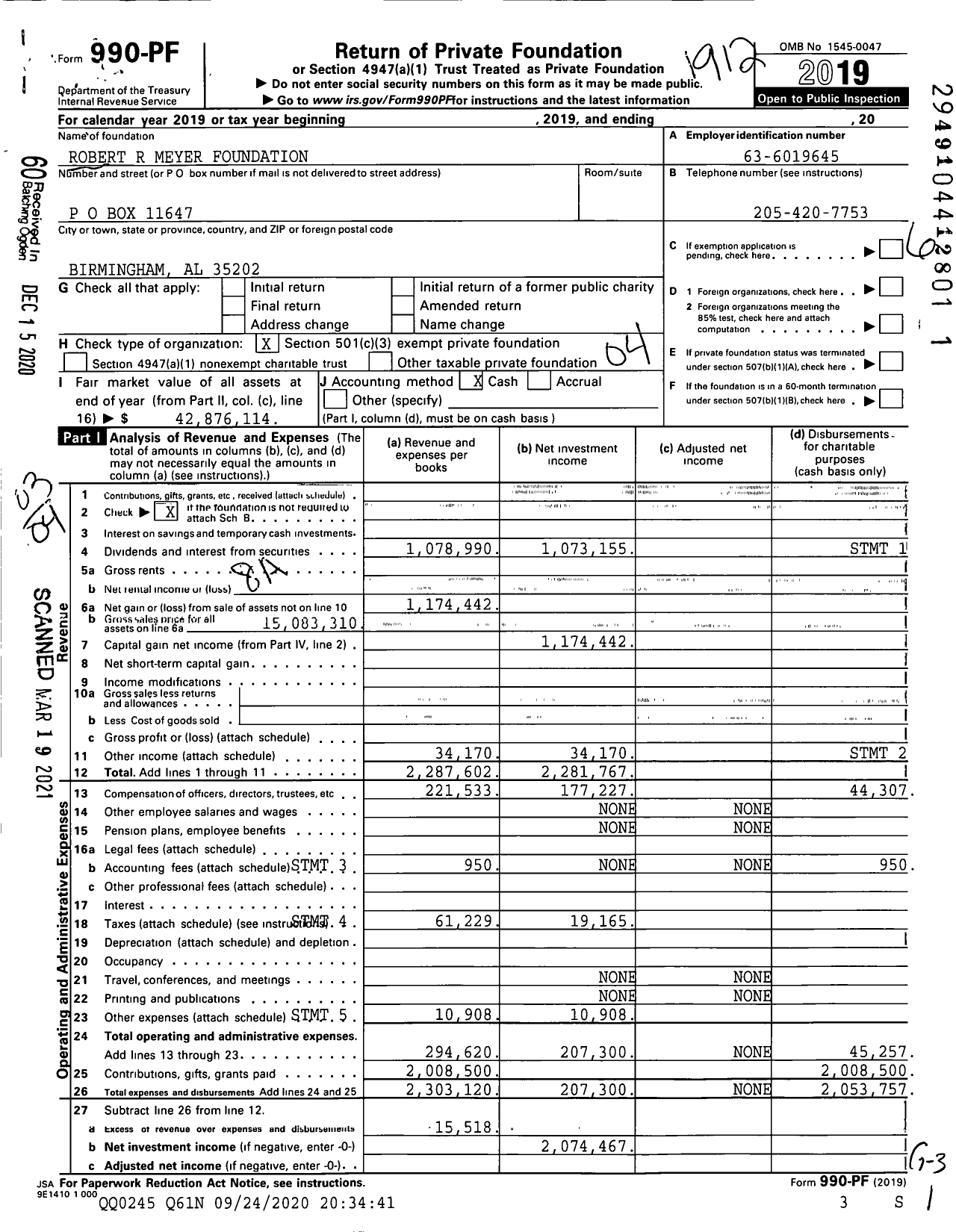 Image of first page of 2019 Form 990PF for Robert R Meyer Foundation