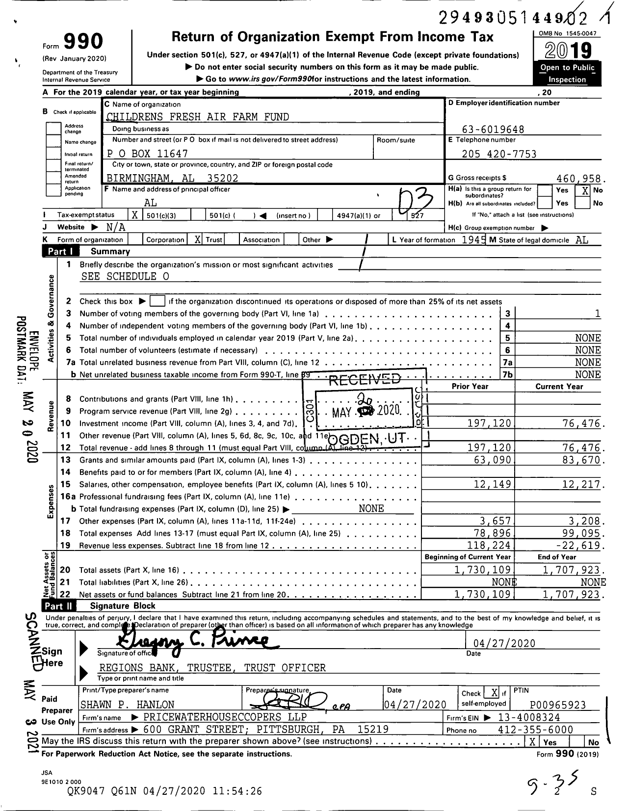 Image of first page of 2019 Form 990 for Children's Fresh Air Farm Fund