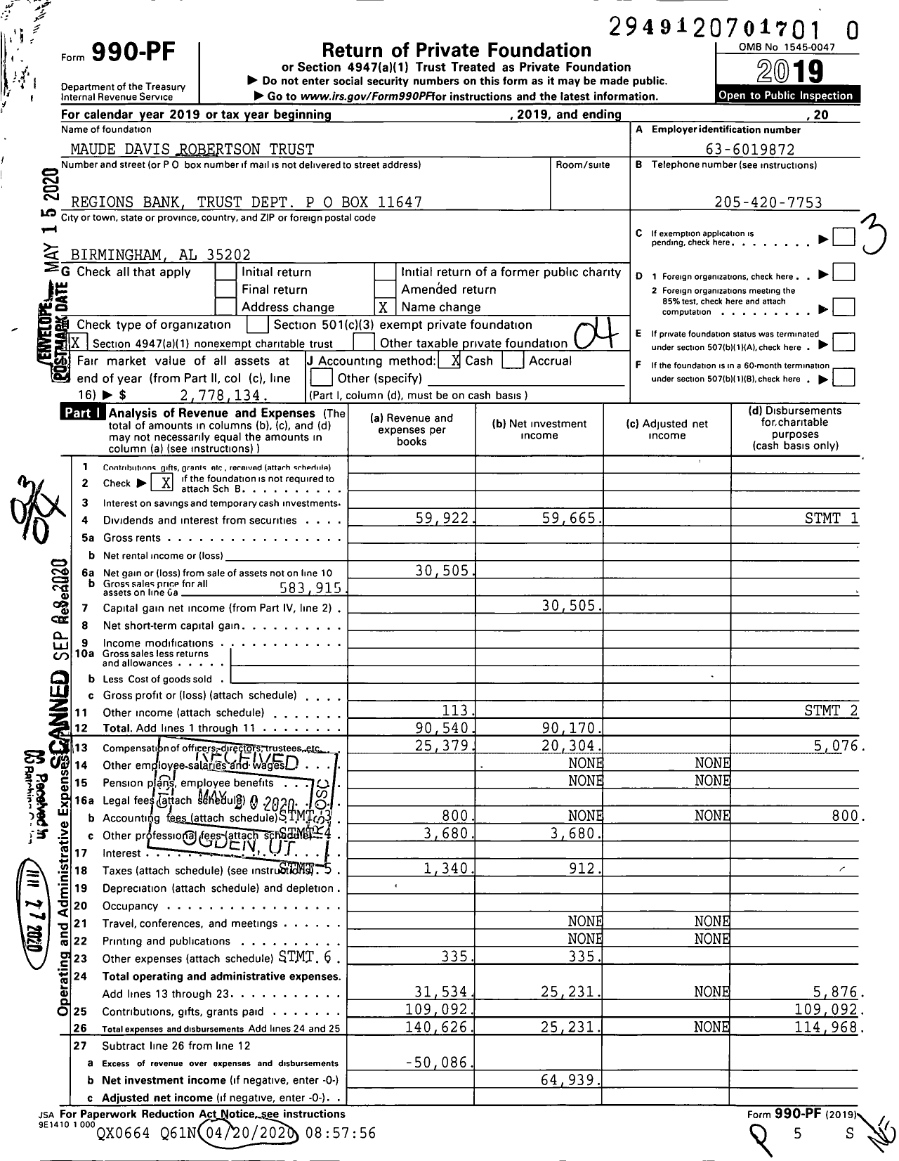 Image of first page of 2019 Form 990PR for Maude Davis Robertson Trust