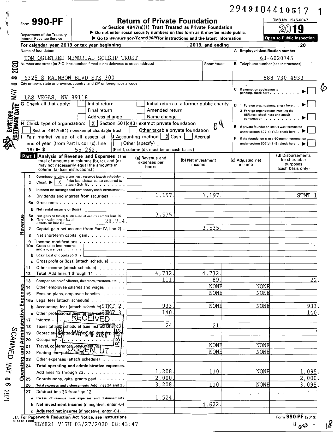 Image of first page of 2019 Form 990PF for Tom Ogletree Memorial SCHSHP Trust