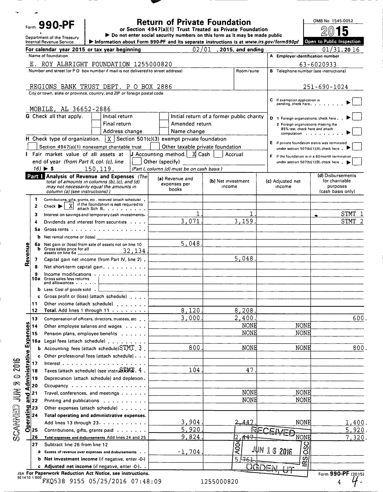 Image of first page of 2015 Form 990PF for E Roy Albright Foundation