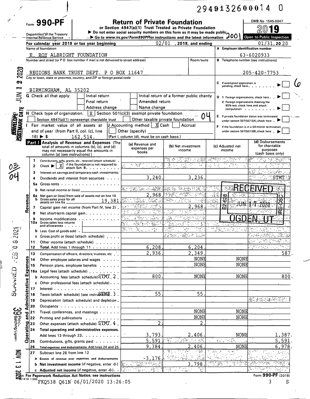 Image of first page of 2019 Form 990PF for E Roy Albright Foundation