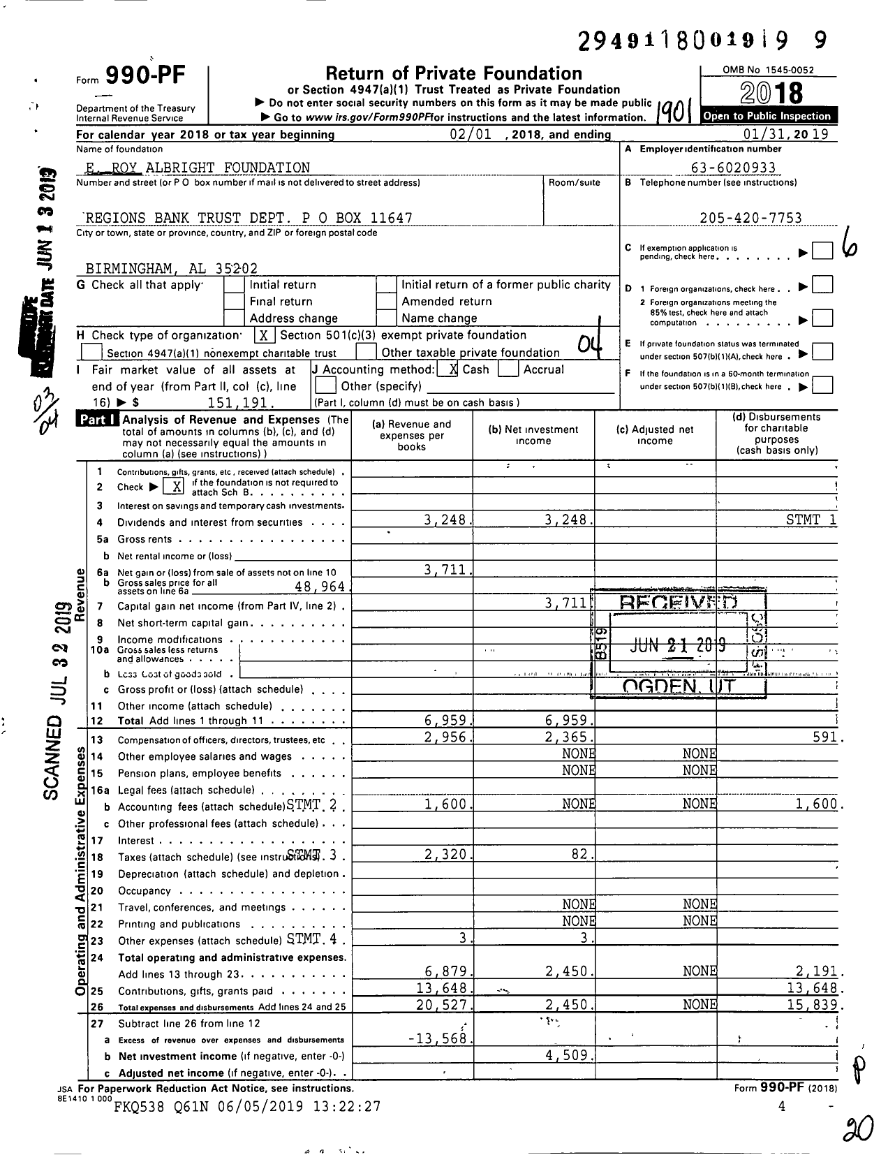 Image of first page of 2018 Form 990PF for E Roy Albright Foundation