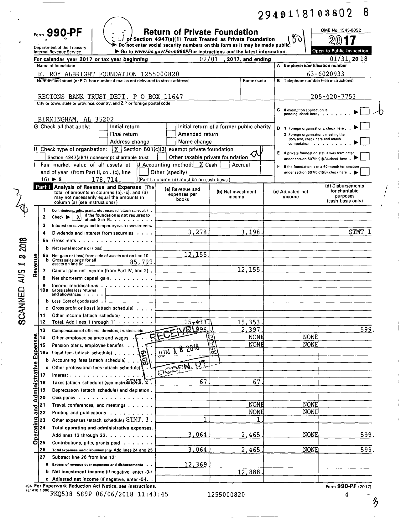 Image of first page of 2017 Form 990PF for E Roy Albright Foundation