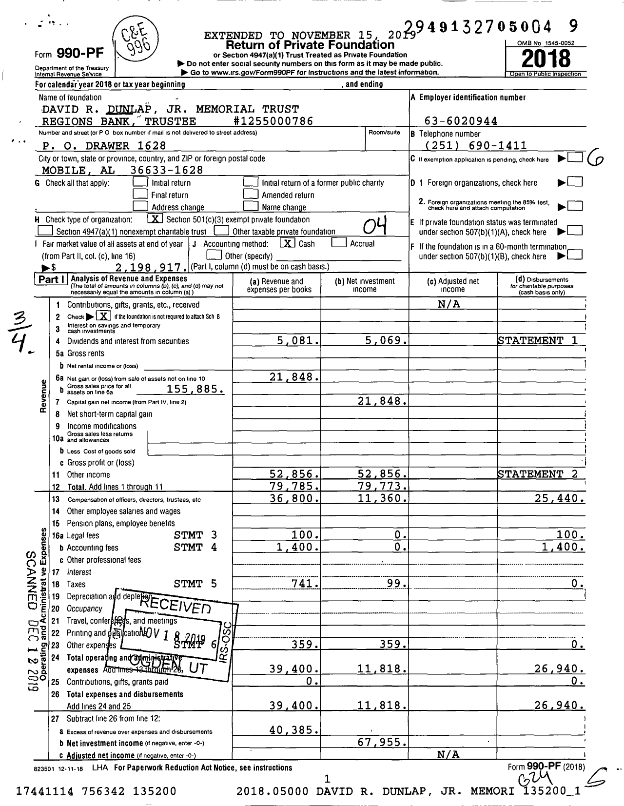 Image of first page of 2018 Form 990PF for David R Dunlap JR Memorial Trust Regions Bank Trustee #1255000786