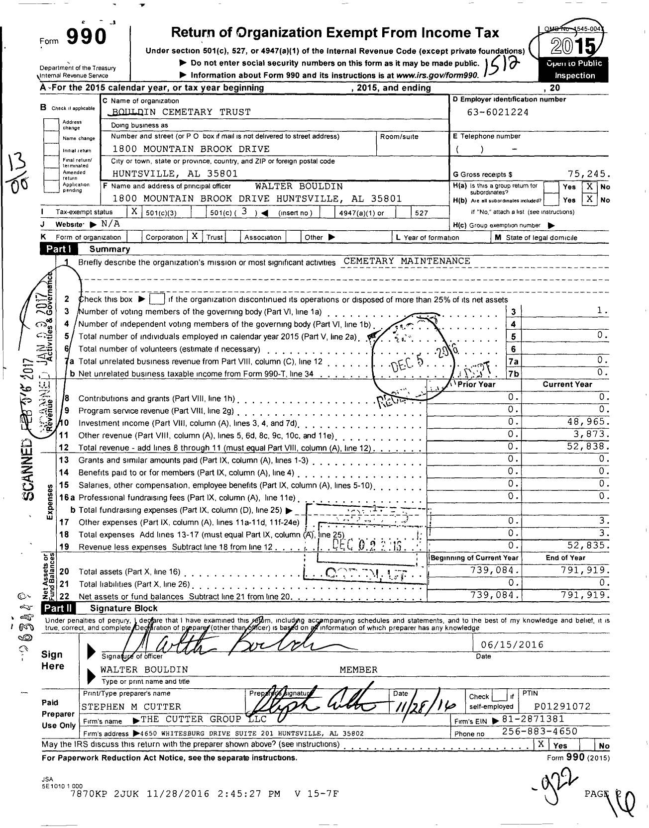 Image of first page of 2015 Form 990 for Bouldin Trust