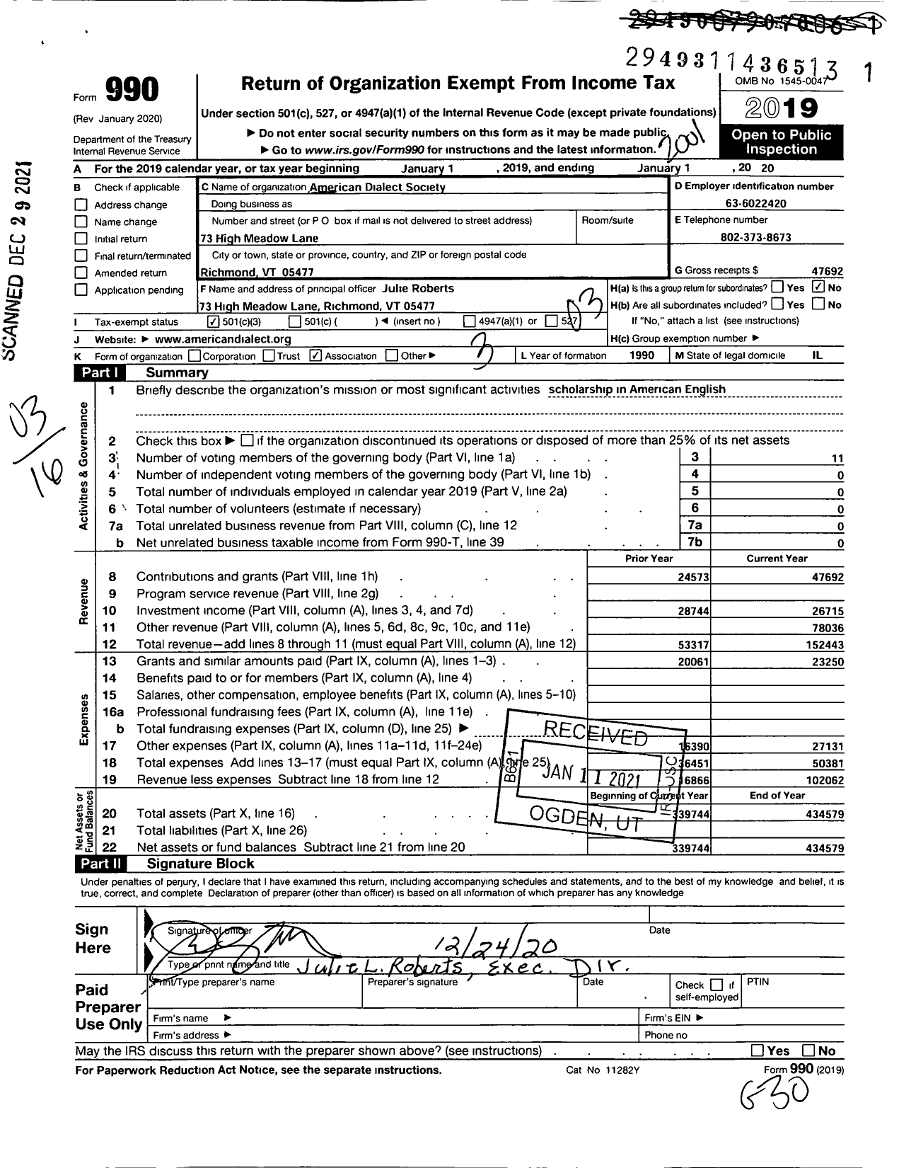 Image of first page of 2019 Form 990 for American Dialect Society