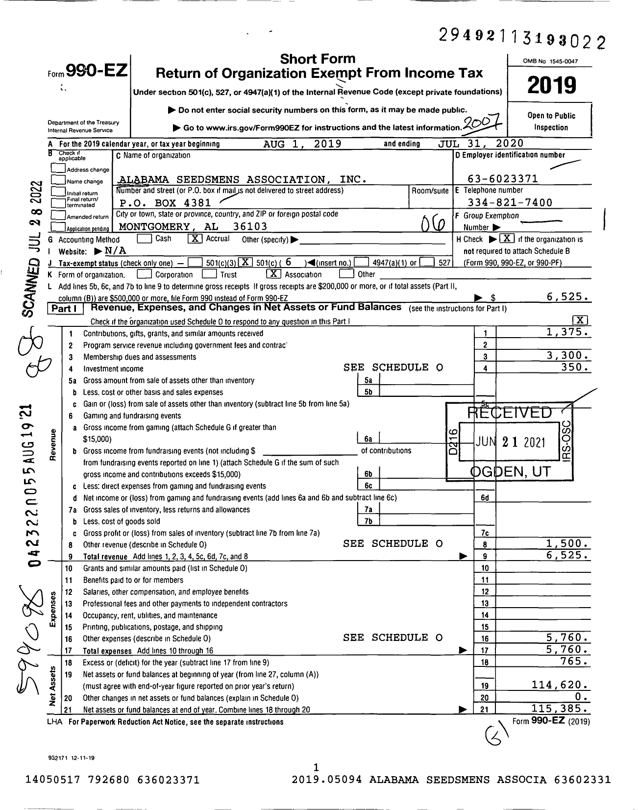 Image of first page of 2019 Form 990EO for Alabama Seedsmens Association