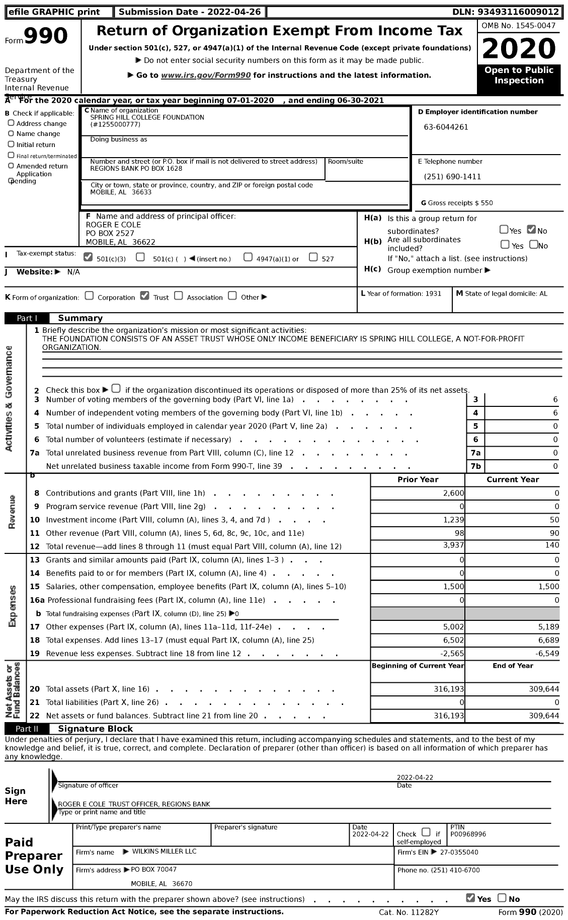 Image of first page of 2020 Form 990 for Spring Hill College Foundation
