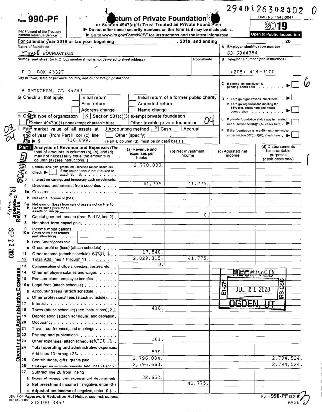 Image of first page of 2019 Form 990PF for Mcwane Foundation