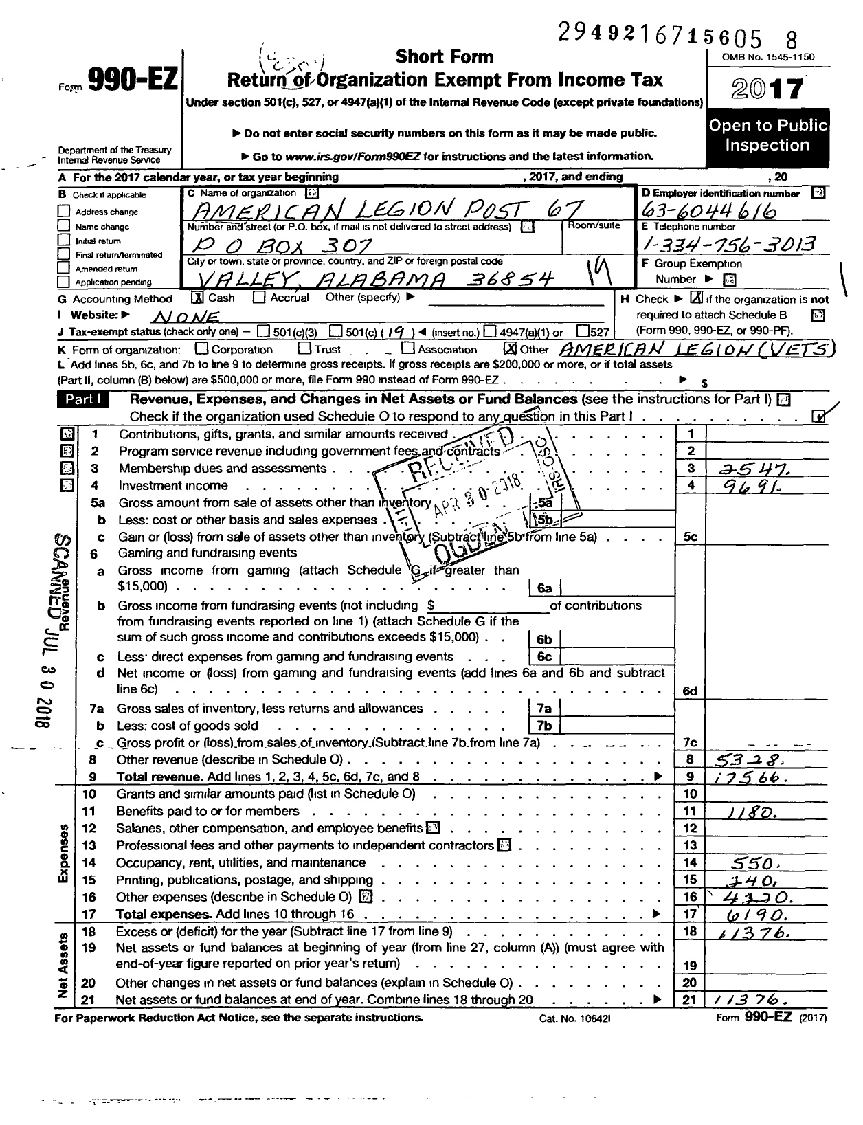 Image of first page of 2017 Form 990EO for American Legion - 0067 Post Chattahoochee Valley