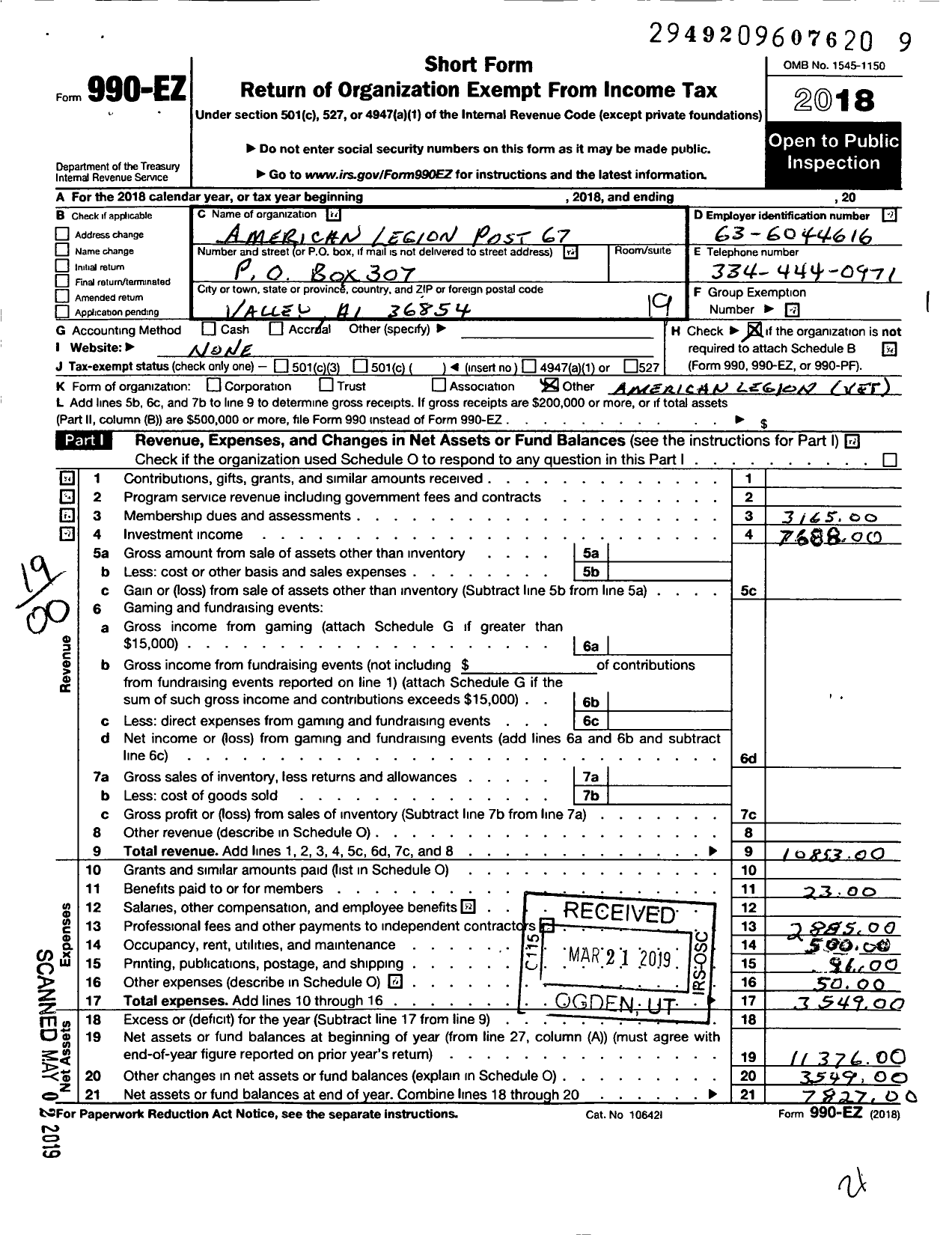 Image of first page of 2018 Form 990EO for American Legion - 0067 Post Chattahoochee Valley