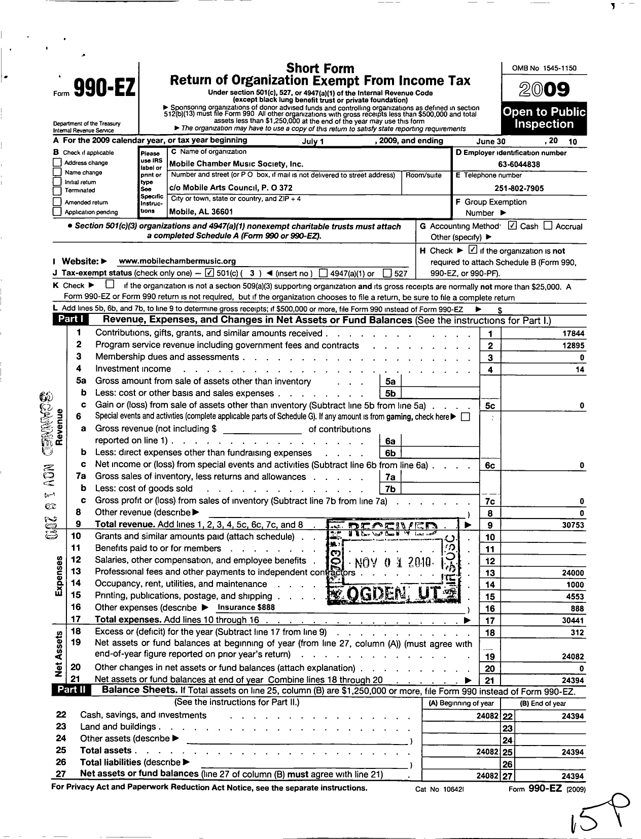Image of first page of 2009 Form 990EZ for Mobile Chamber Music Society