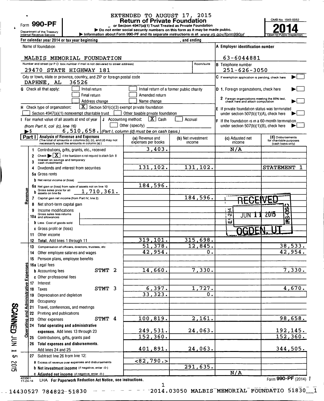 Image of first page of 2014 Form 990PF for Malbis Memorial Foundation
