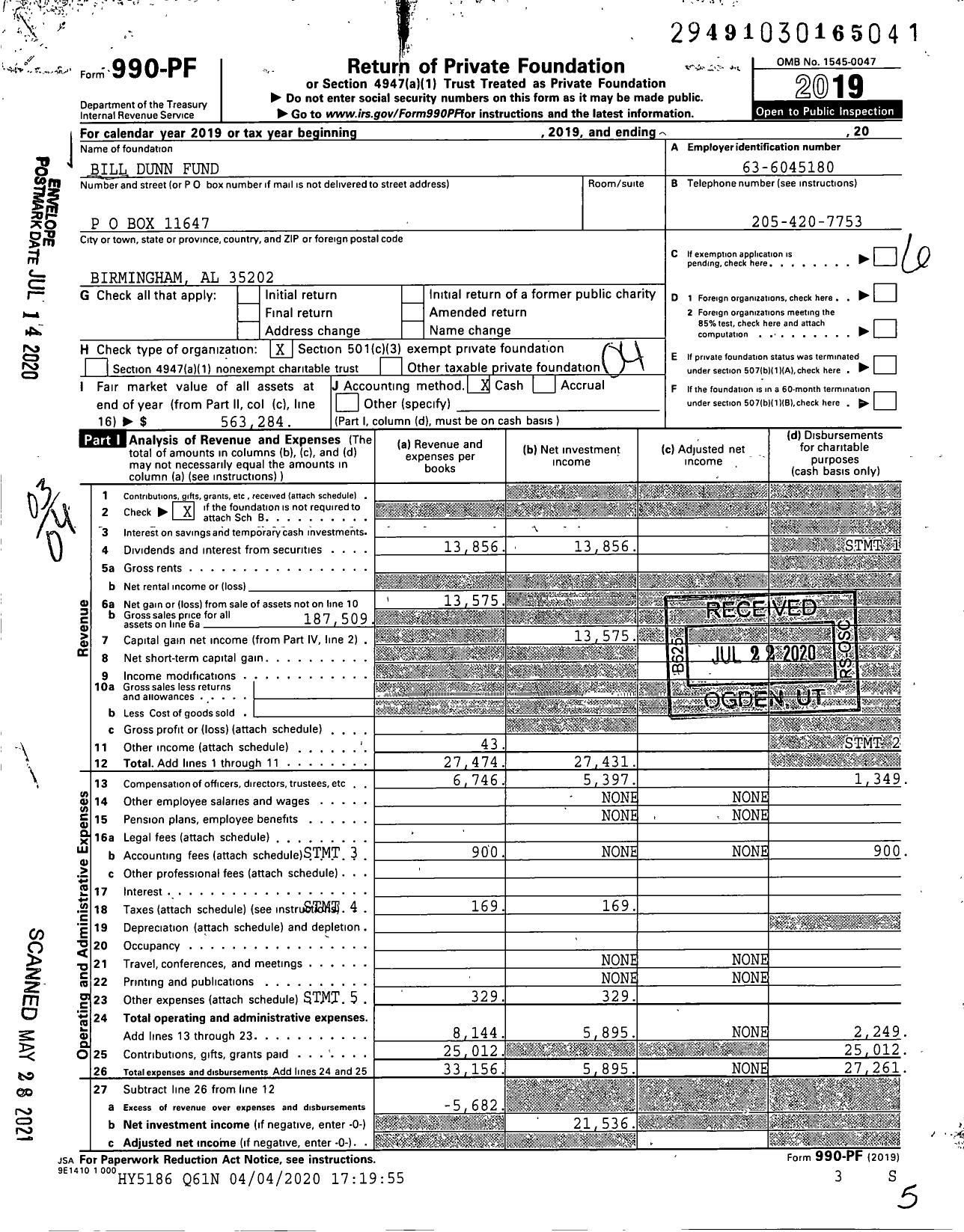 Image of first page of 2019 Form 990PF for Bill Dunn Fund