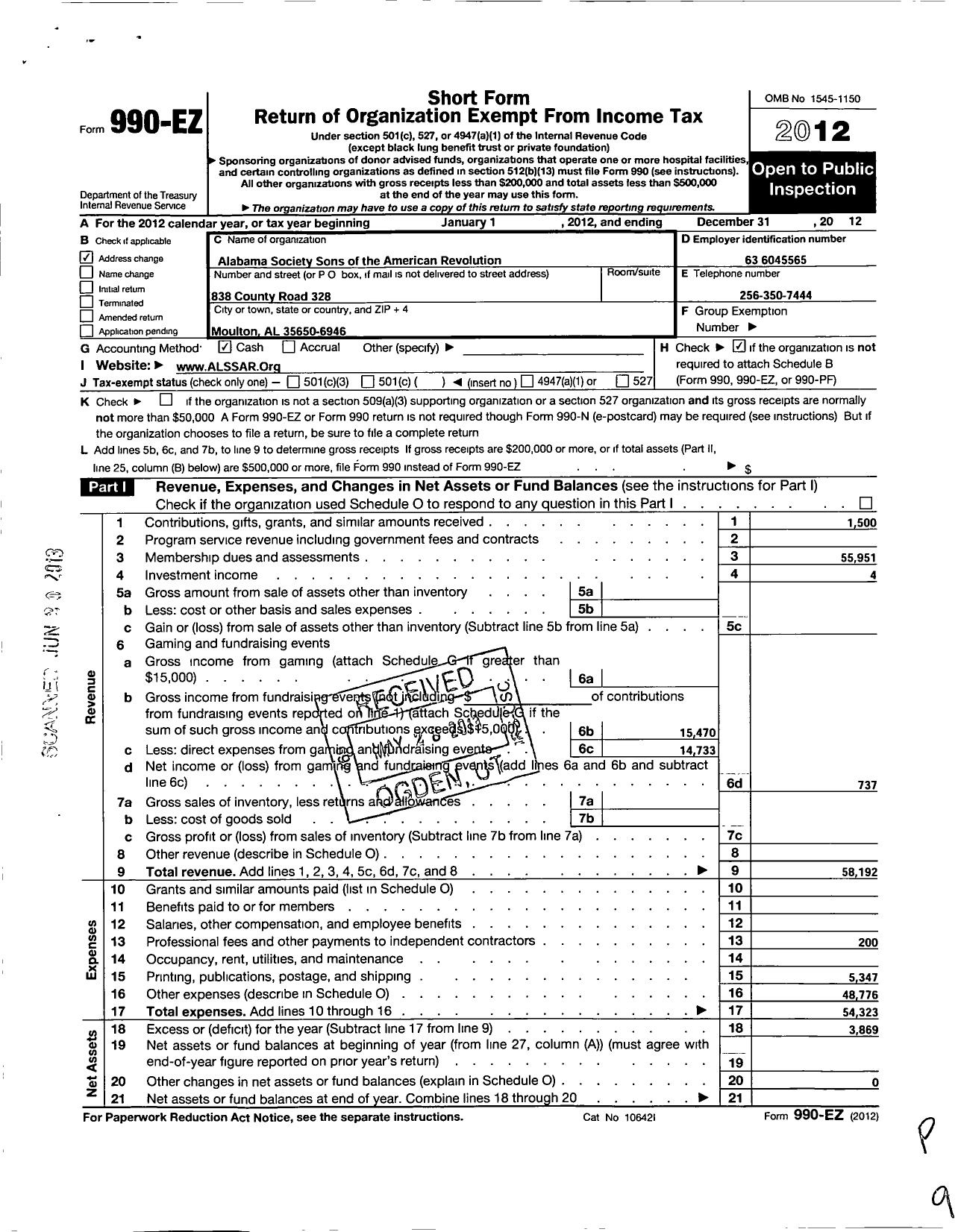 Image of first page of 2012 Form 990EO for National Society of the Sons of the American Revolution / Alabama Society Sar