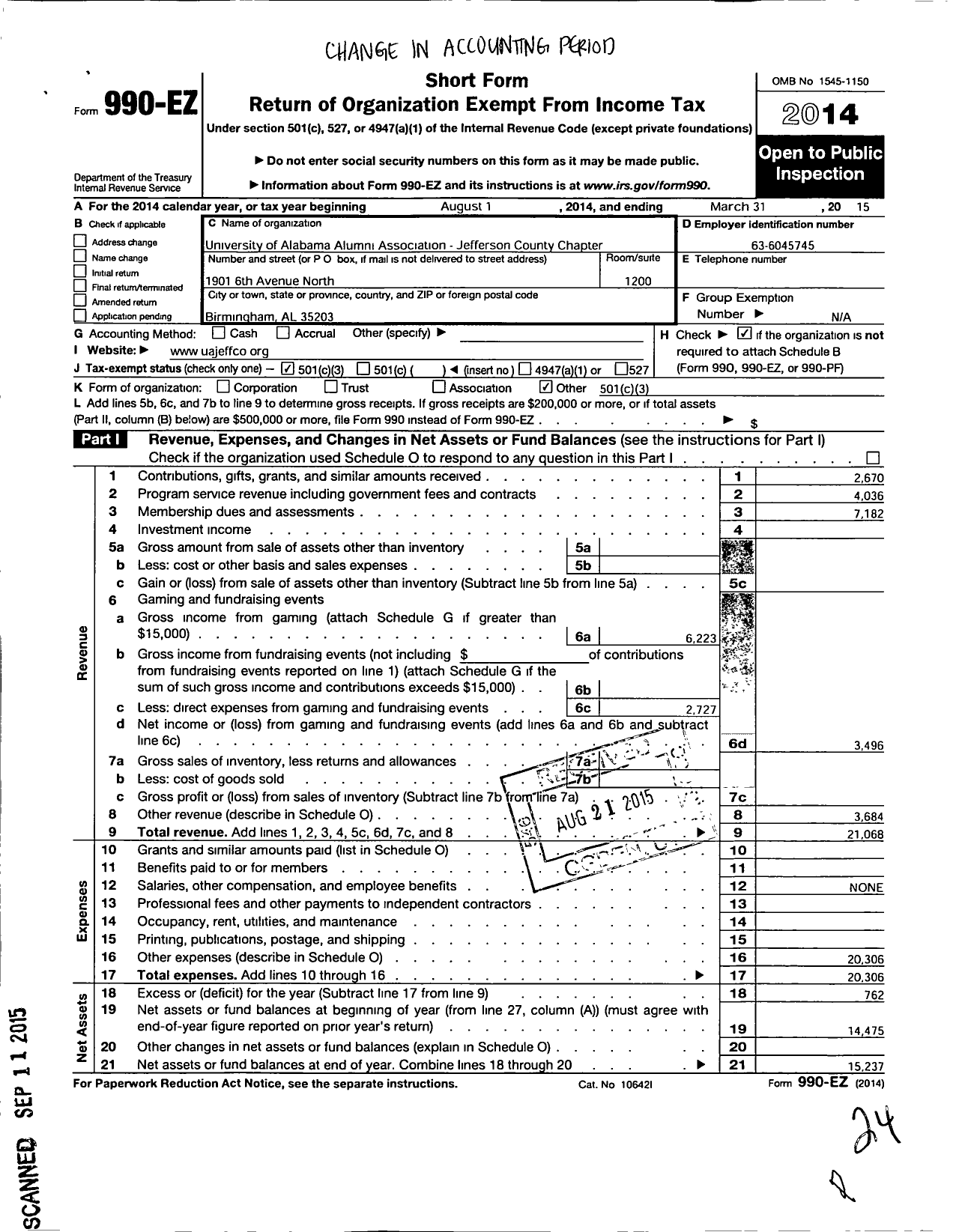 Image of first page of 2014 Form 990EZ for University of Alabama Alumni Association / Jefferson County Chapter