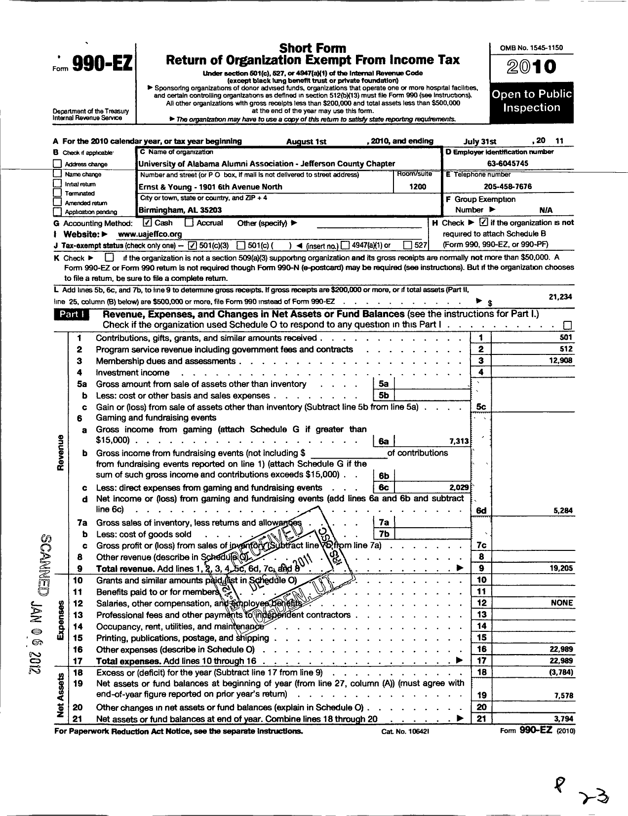 Image of first page of 2010 Form 990EZ for University of Alabama Alumni Association / Jefferson County Chapter