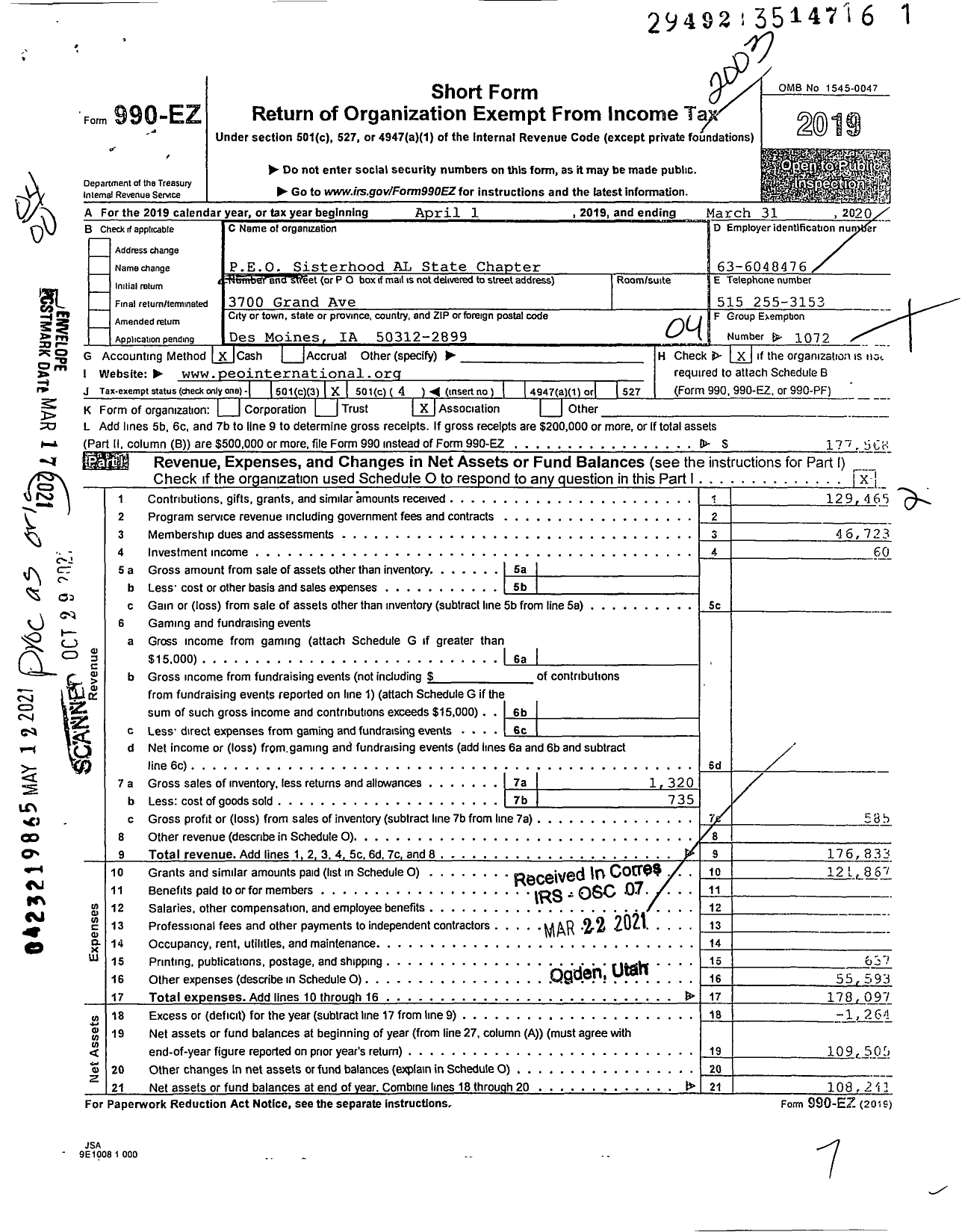 Image of first page of 2019 Form 990EO for PEO Sisterhood International - AL State Chapter