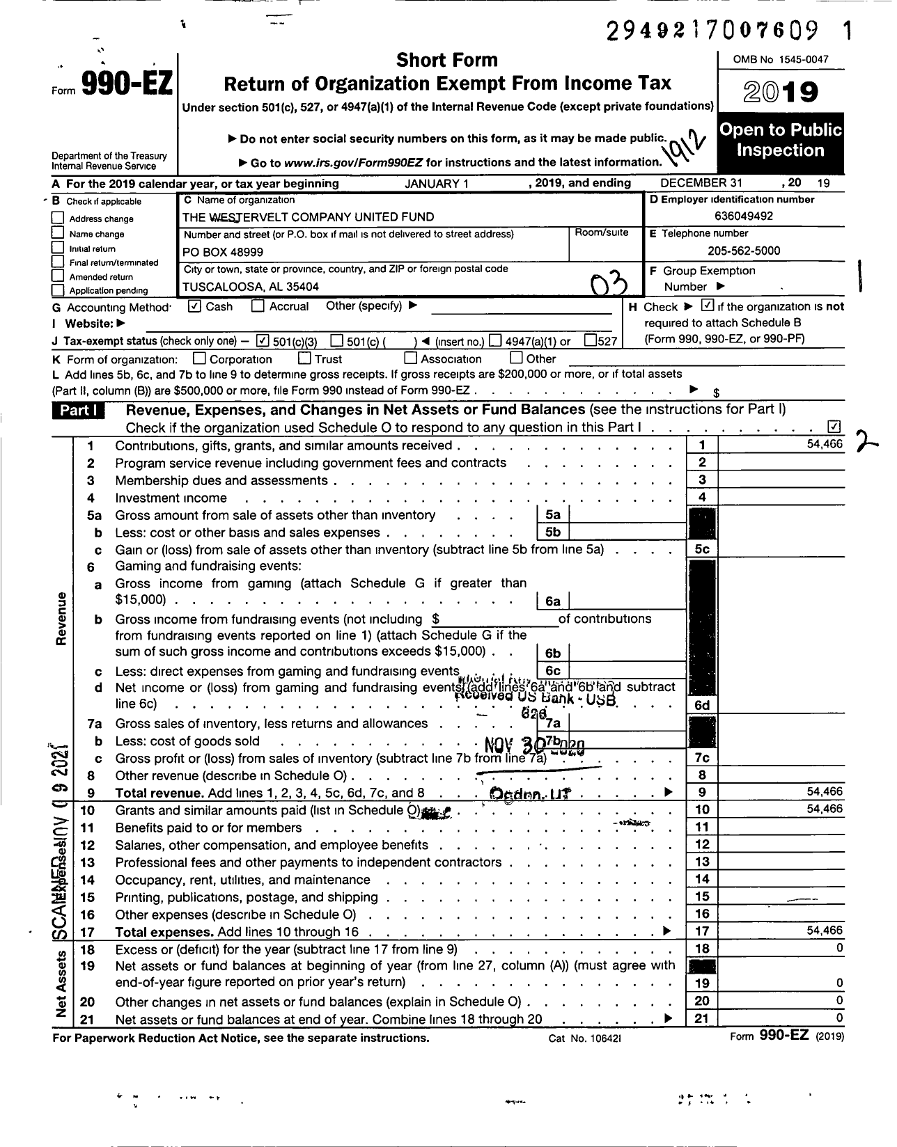 Image of first page of 2019 Form 990EZ for THE WESTERVELT COMPANY United Fund