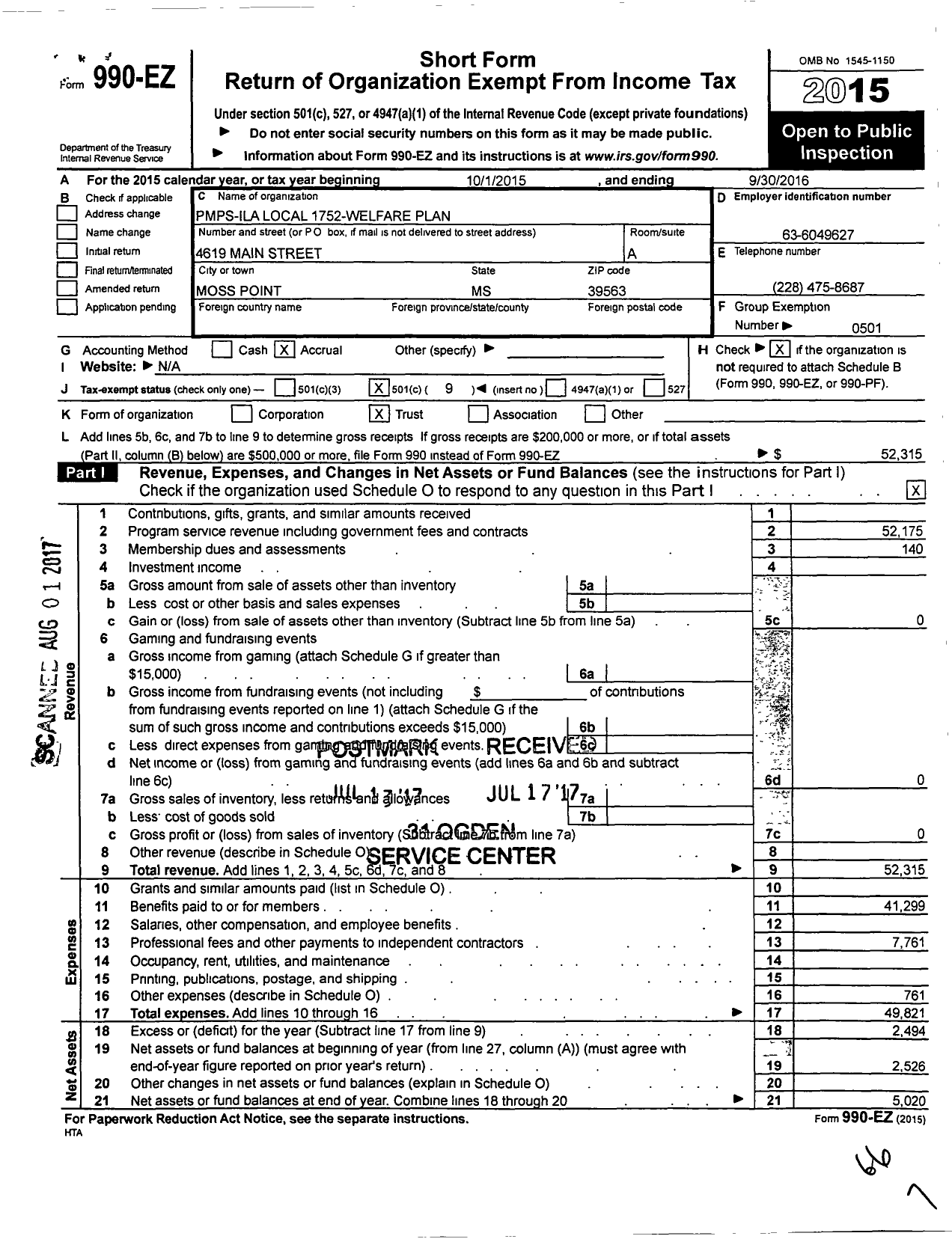 Image of first page of 2015 Form 990EO for Pmps-Ila Local 1752 Welfare Plan