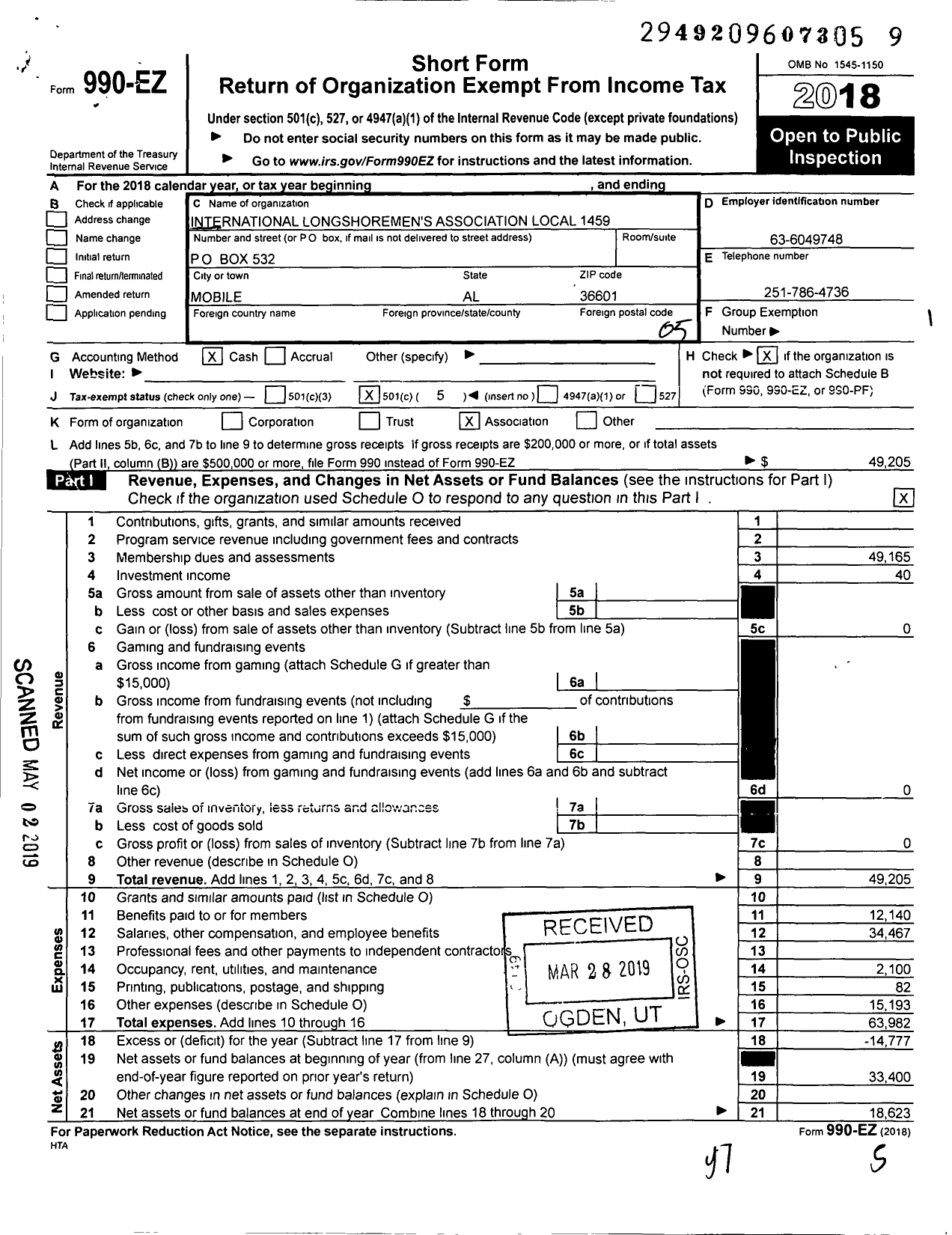 Image of first page of 2018 Form 990EO for International Longshoremen's Association - 1459 Ila