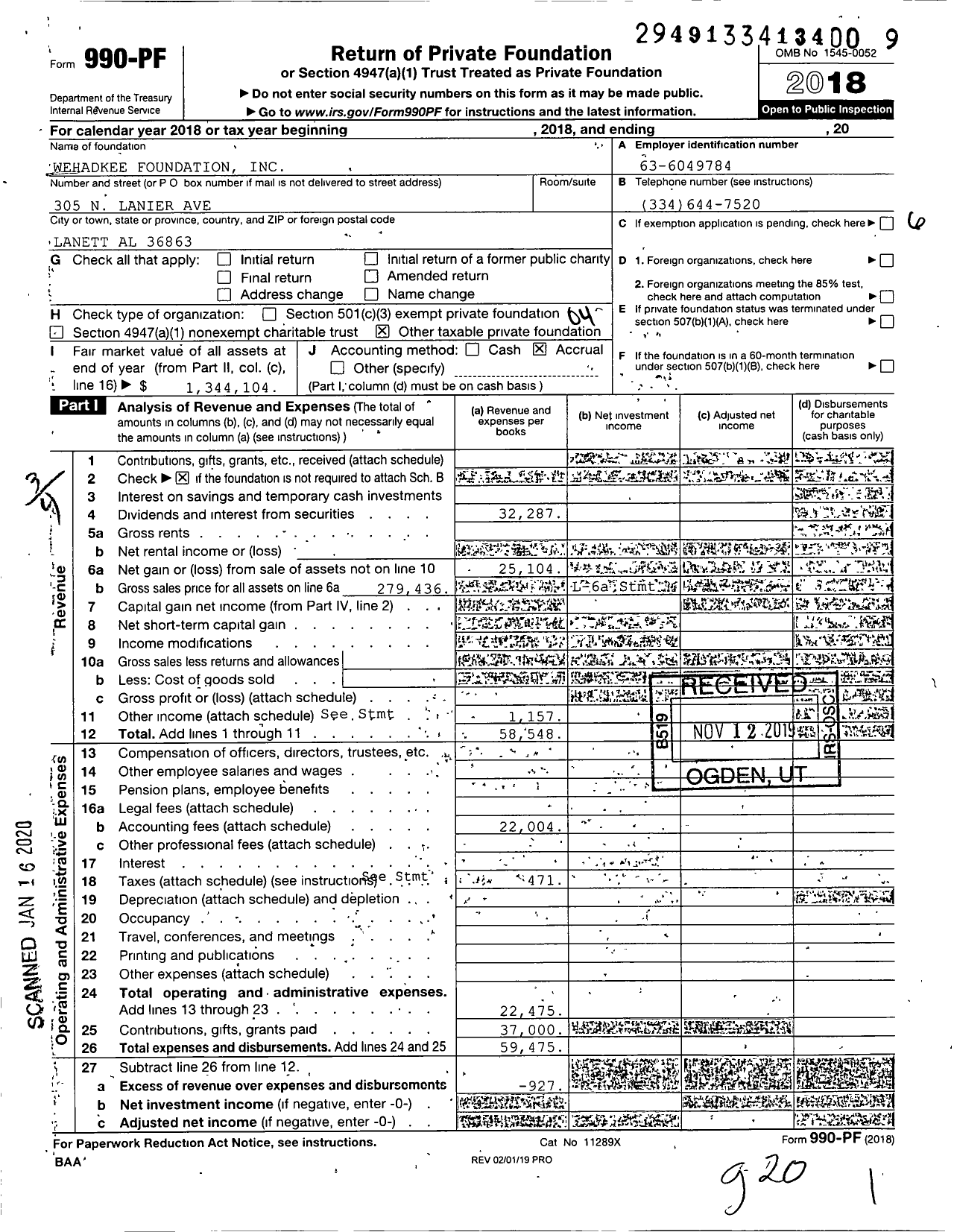 Image of first page of 2018 Form 990PF for Wehadkee Foundation