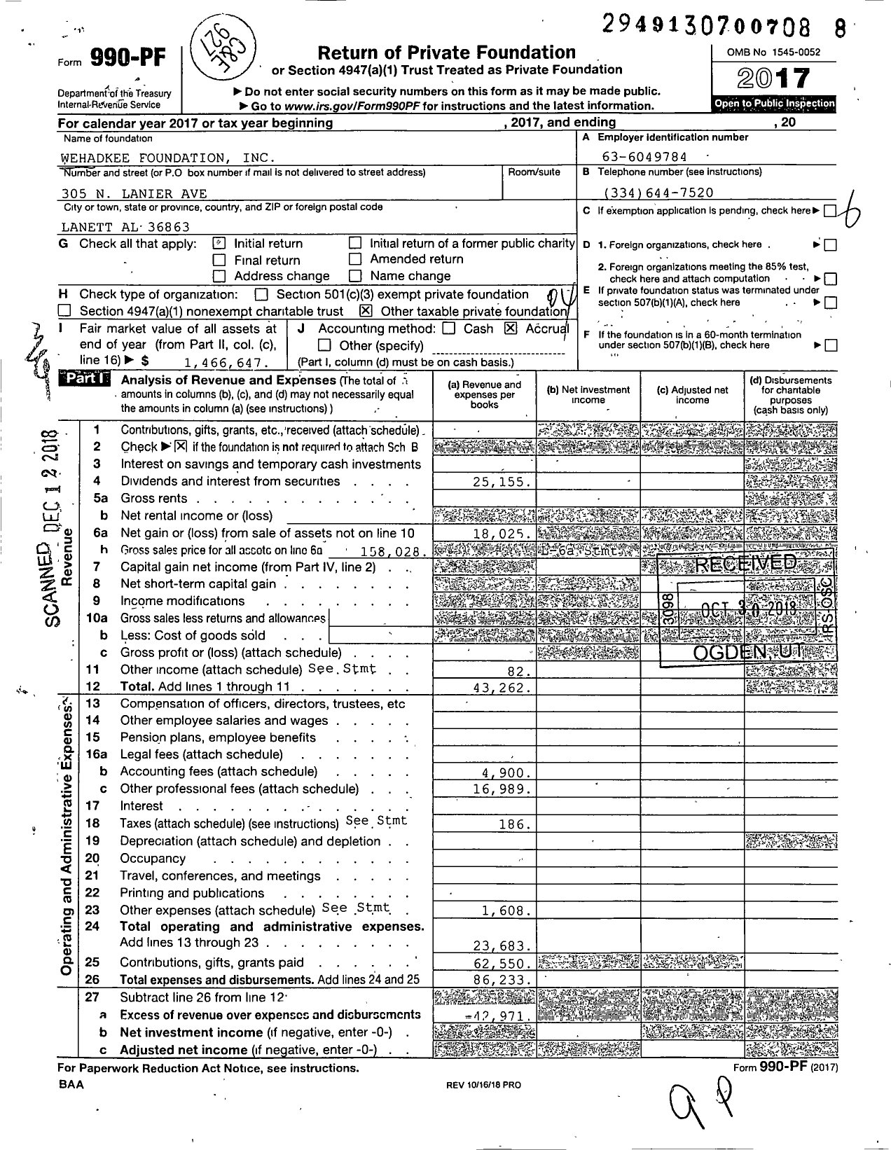 Image of first page of 2017 Form 990PF for Wehadkee Foundation