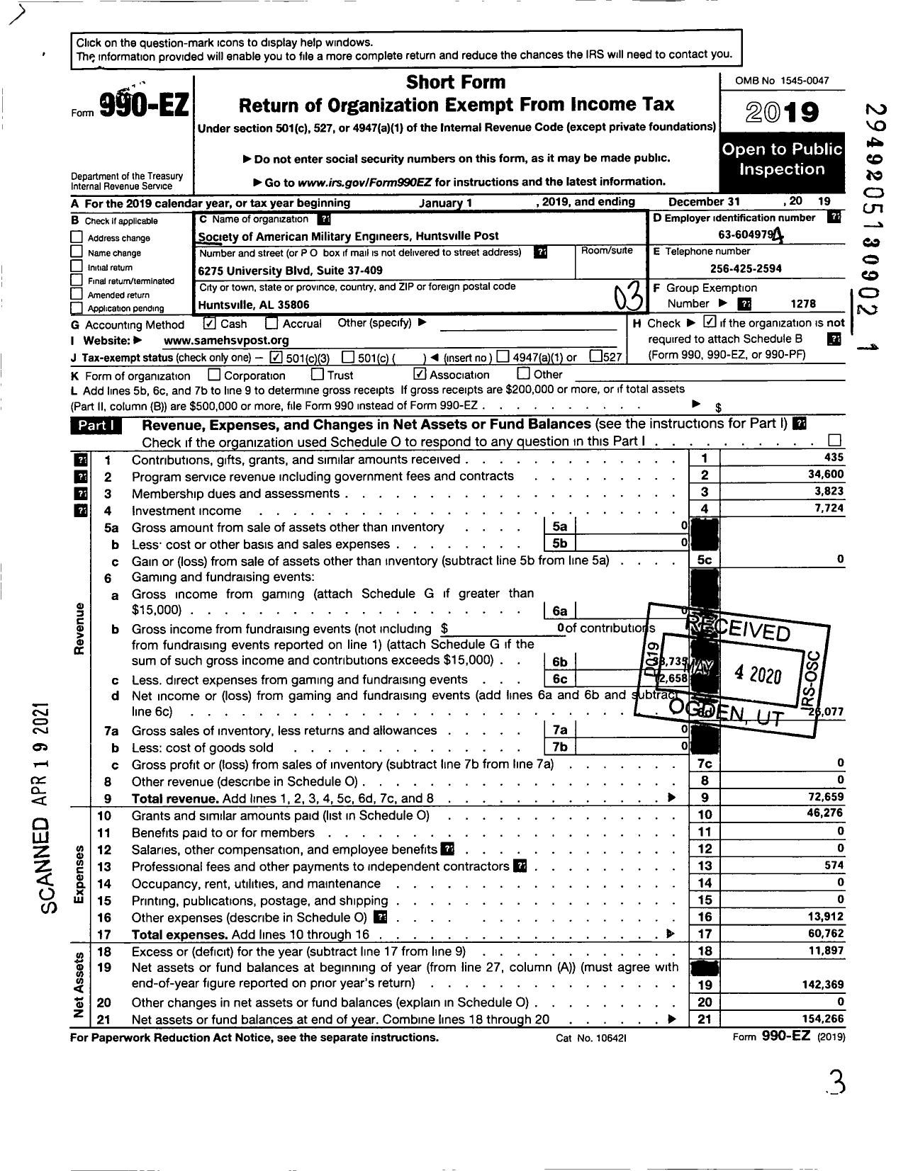 Image of first page of 2019 Form 990EZ for Society of American Military Engineers / S A M E Huntsville Post