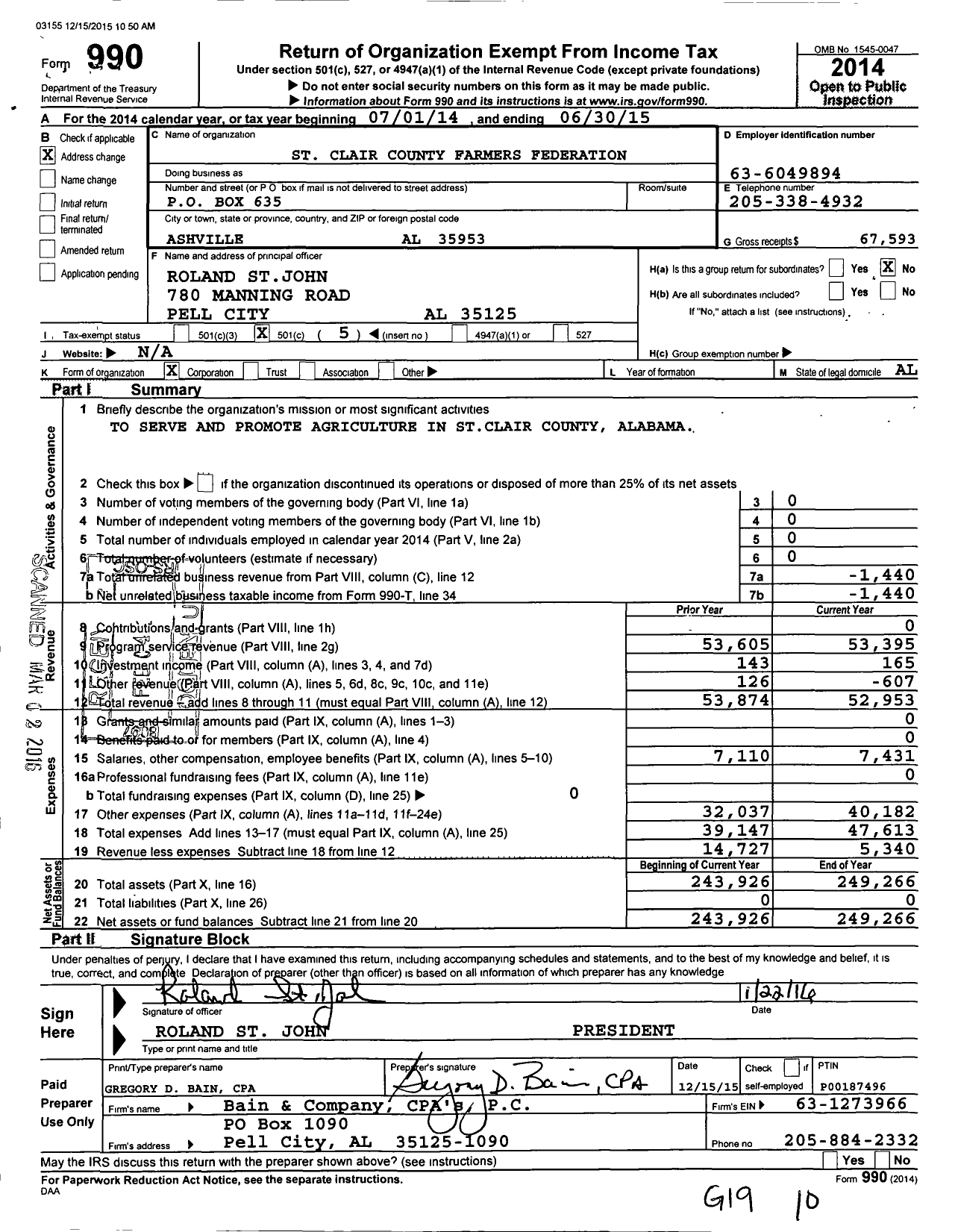 Image of first page of 2014 Form 990O for St Clair County Farmers Federation