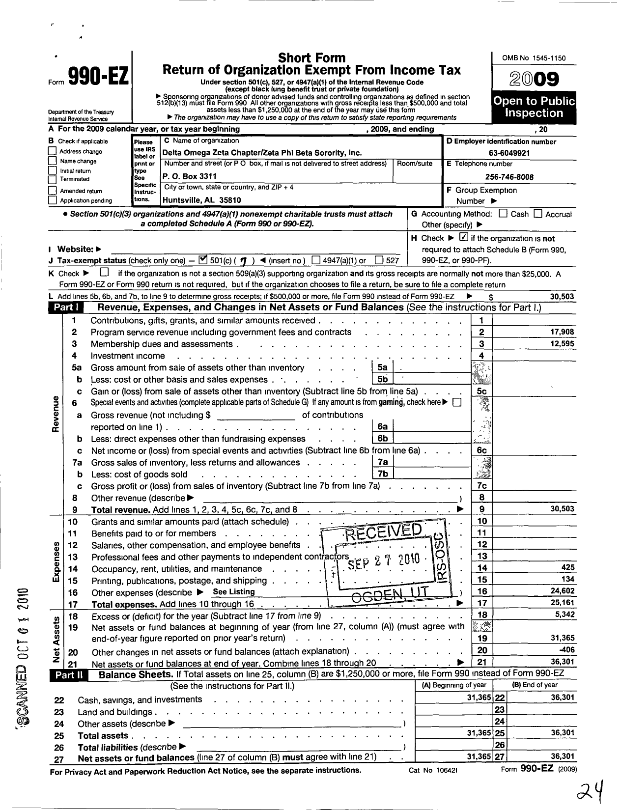 Image of first page of 2009 Form 990EO for Zeta Phi Beta Sorority / Delta Omega Zeta