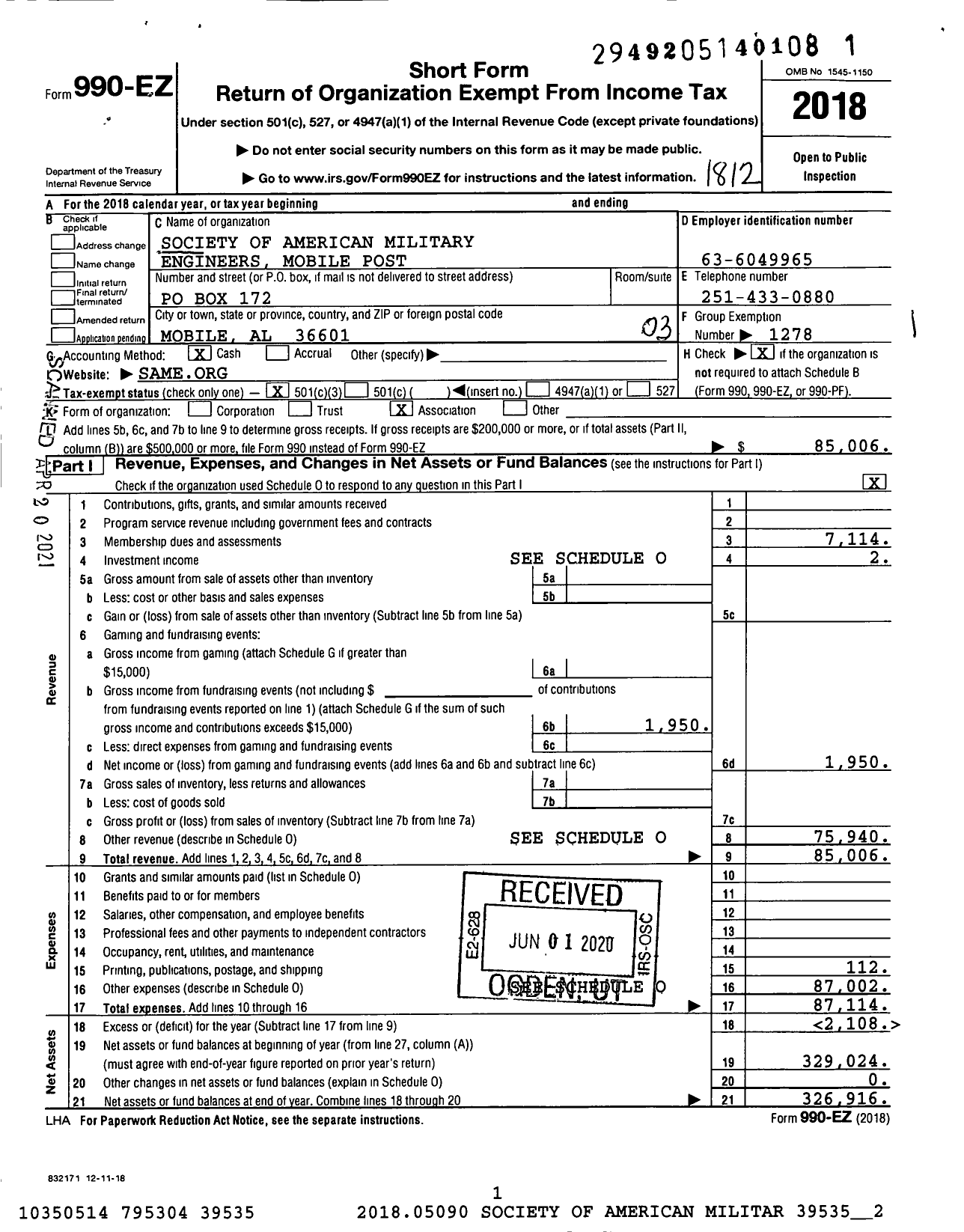 Image of first page of 2018 Form 990EZ for Society of American Military