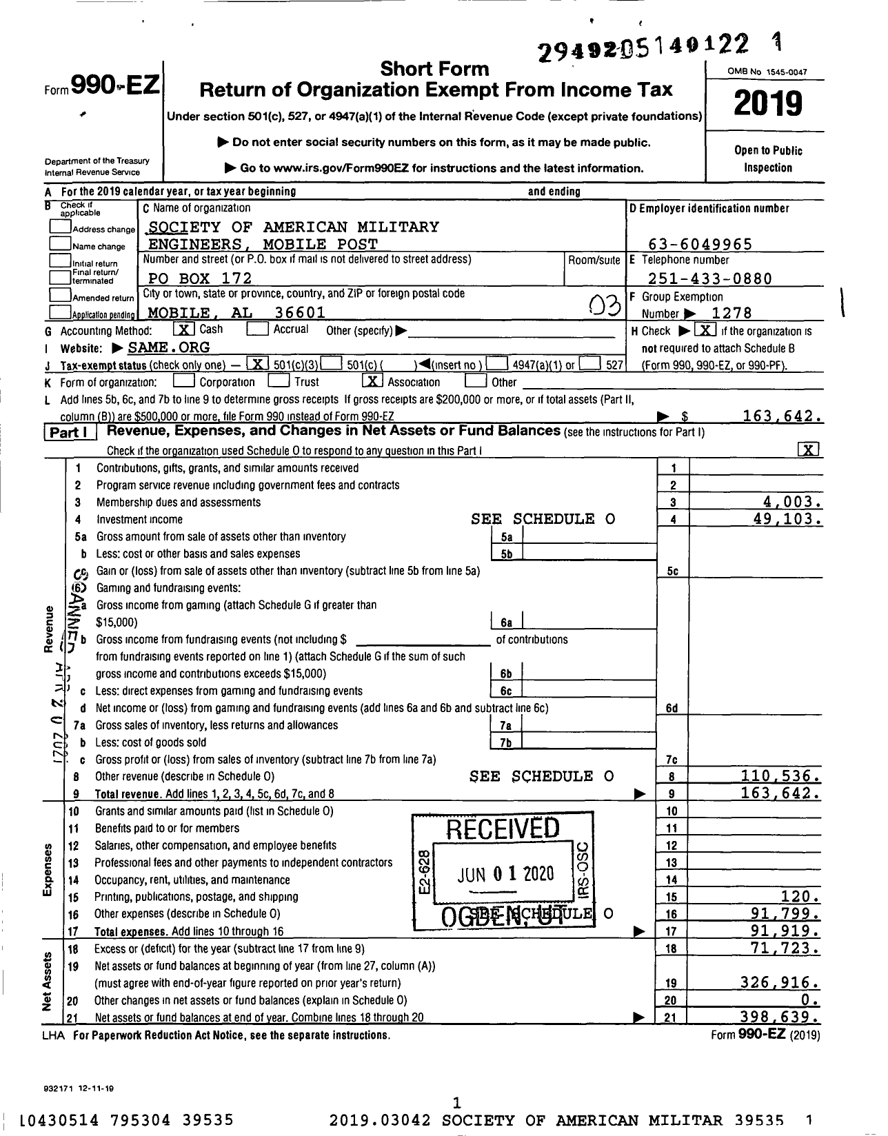 Image of first page of 2019 Form 990EZ for Society of American Military