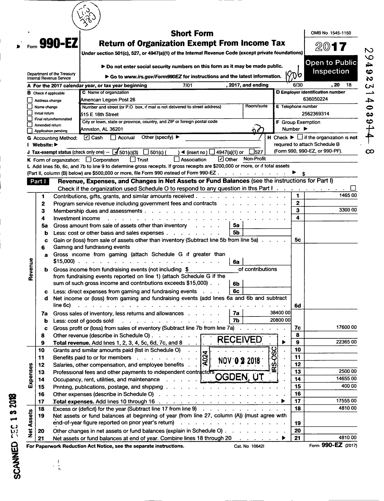 Image of first page of 2017 Form 990EZ for American Legion Post 26