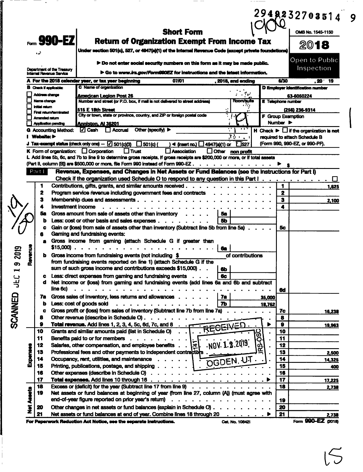 Image of first page of 2018 Form 990EO for American Legion Post 26