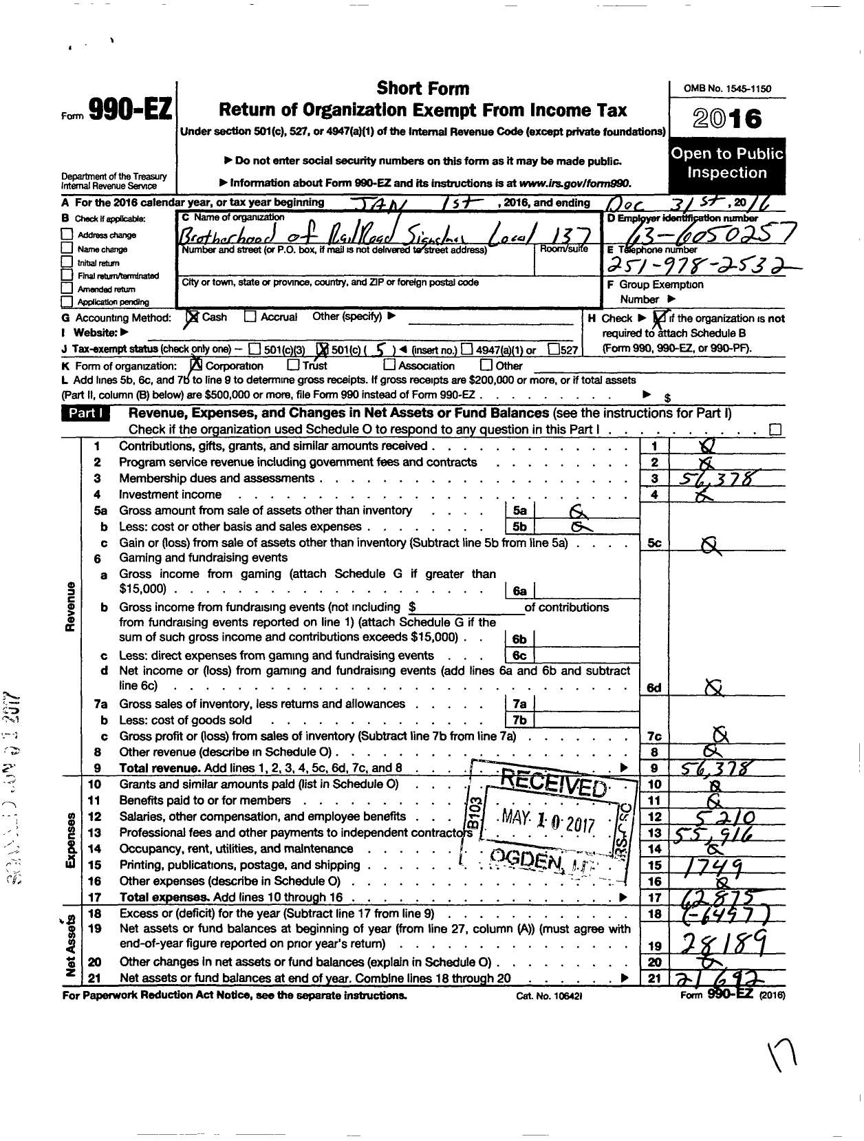 Image of first page of 2016 Form 990EO for Brotherhood of Railroad Signalmen - Local 137