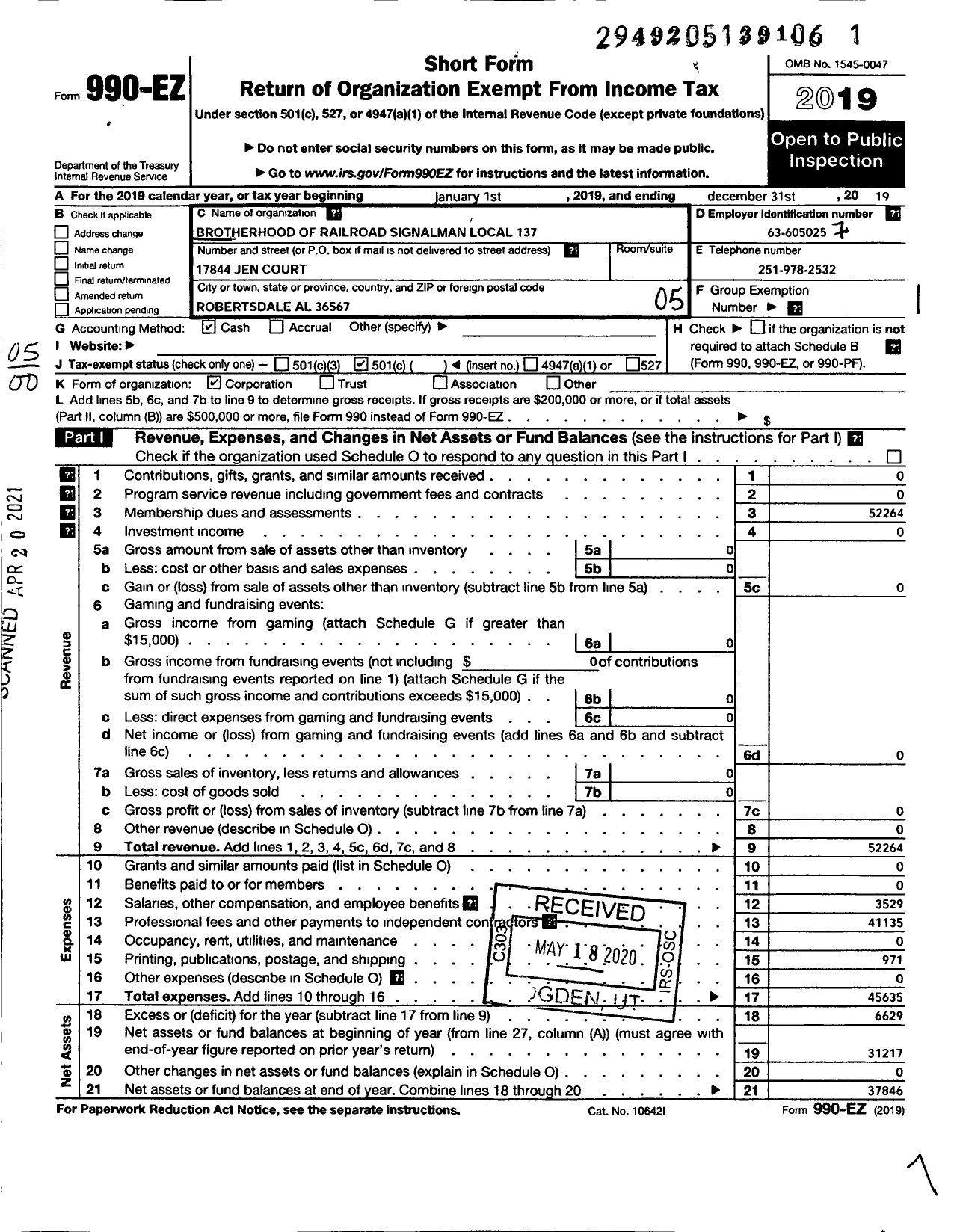 Image of first page of 2019 Form 990EO for Brotherhood of Railroad Signalmen - Local 137