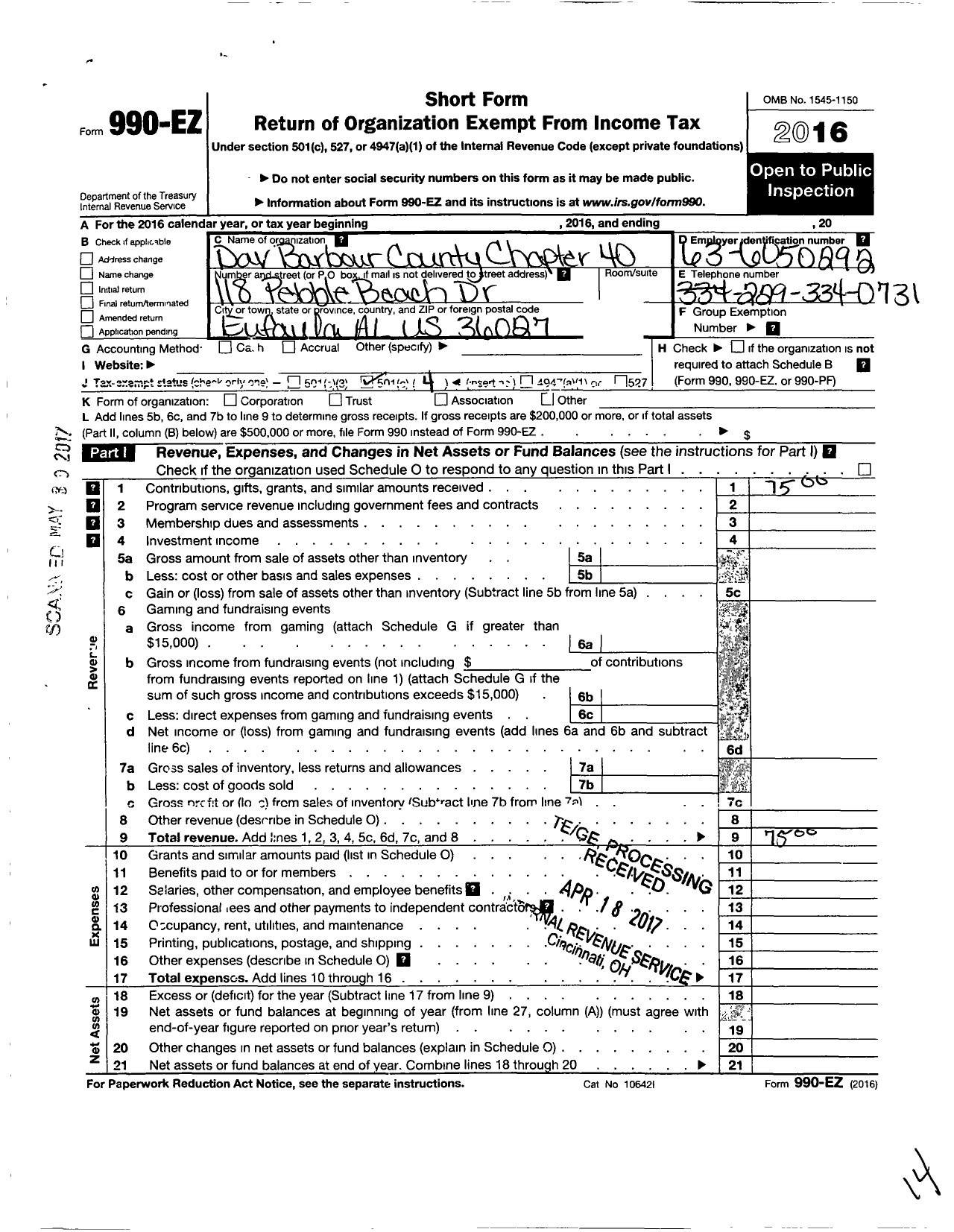 Image of first page of 2016 Form 990EO for Dav Barbour County Chapter 40 Disabled American Veterans