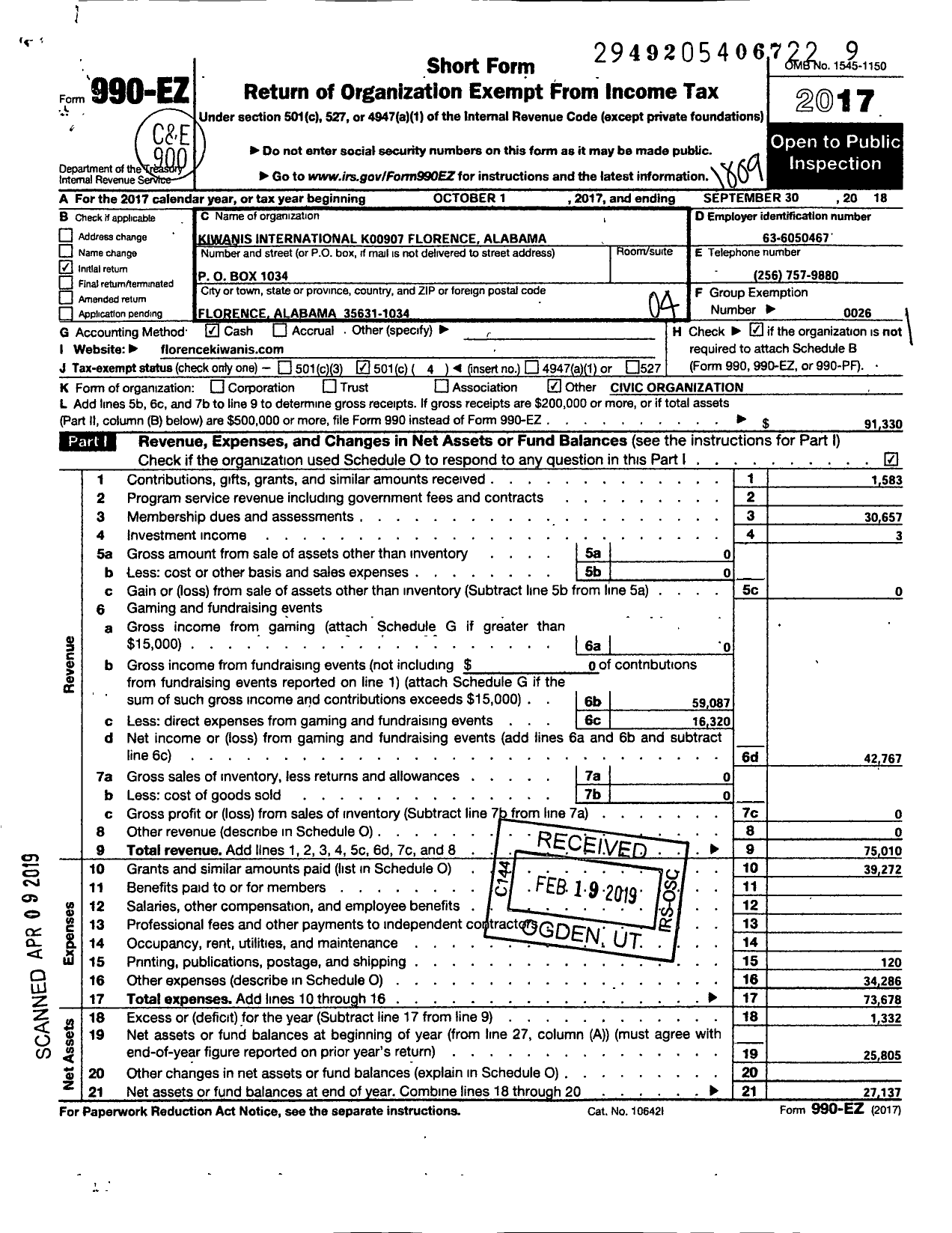 Image of first page of 2017 Form 990EO for Kiwanis International - K00907 Florence Alabama