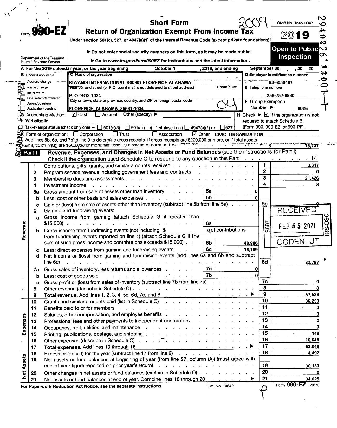 Image of first page of 2019 Form 990EO for Kiwanis International - K00907 Florence Alabama