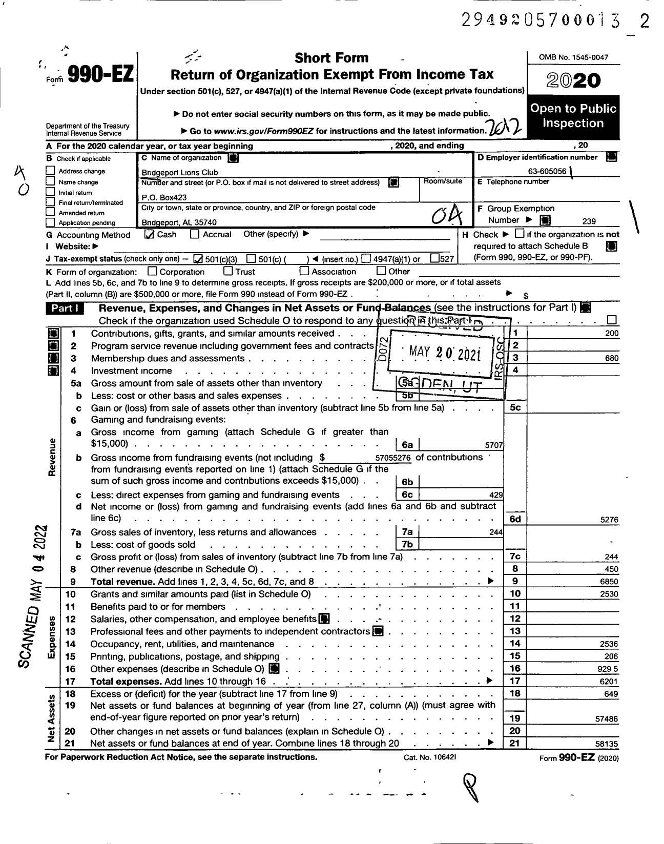 Image of first page of 2020 Form 990EO for Lions Clubs - 12224 Bridgeport