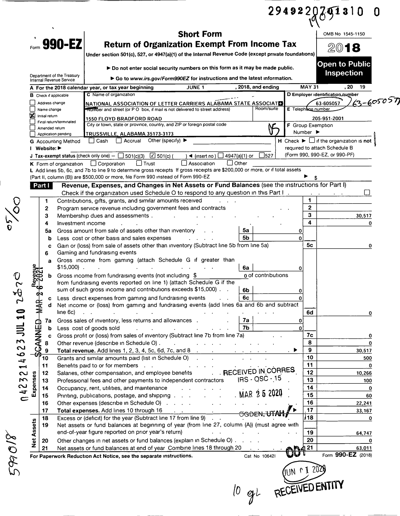 Image of first page of 2018 Form 990EO for National Association of Letter Carriers - Alabama State