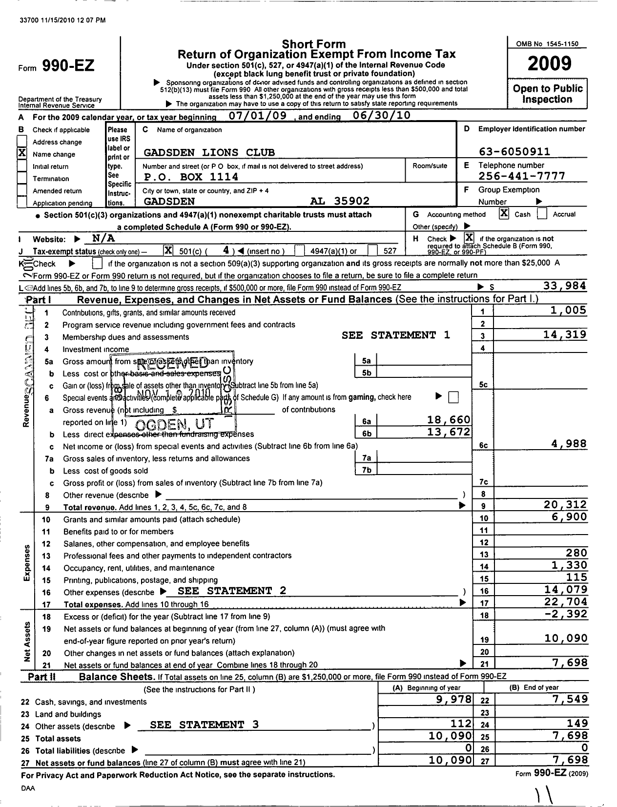 Image of first page of 2009 Form 990EO for Lions Clubs - 12227 Gadsden