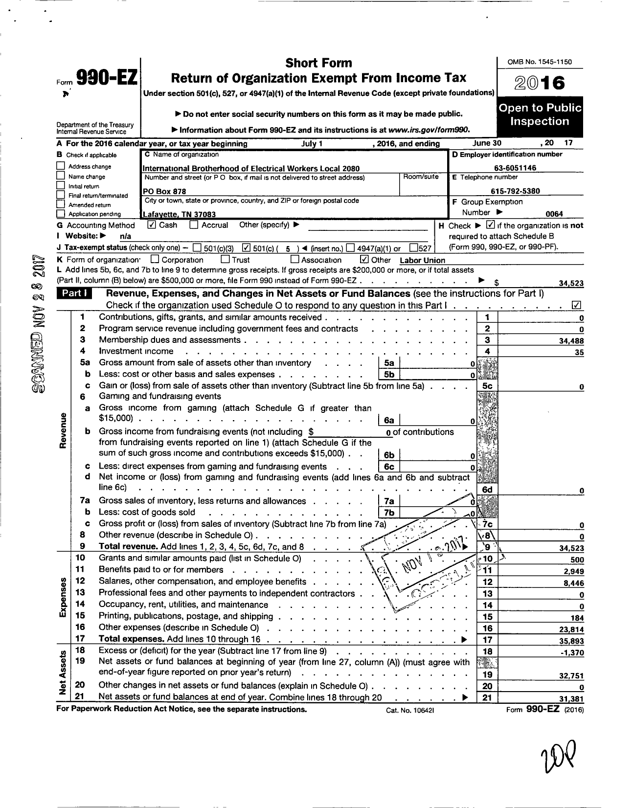 Image of first page of 2016 Form 990EO for International Brotherhood of Electrical Workers - 2080 Local Union