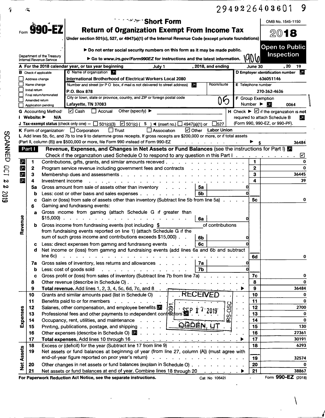 Image of first page of 2018 Form 990EO for International Brotherhood of Electrical Workers - 2080 Local Union