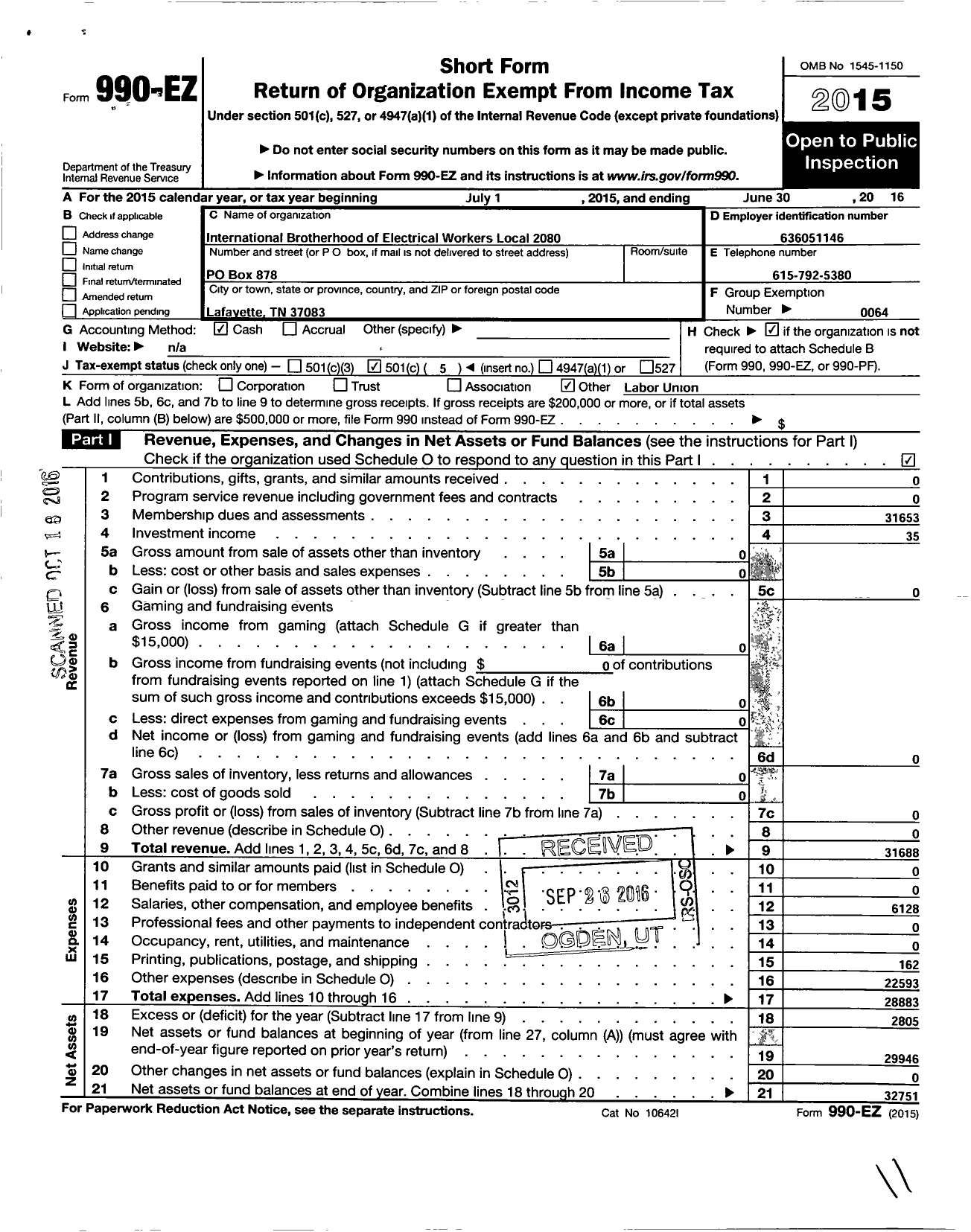 Image of first page of 2015 Form 990EO for International Brotherhood of Electrical Workers - 2080 Local Union